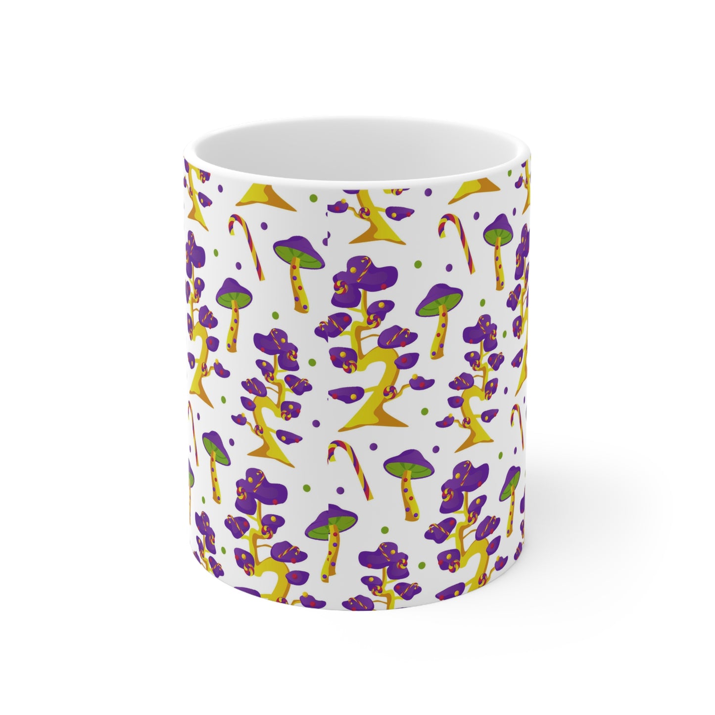 Enchanting Magic Mushrooms: White Ceramic Mug with Purple and Green Mushrooms"