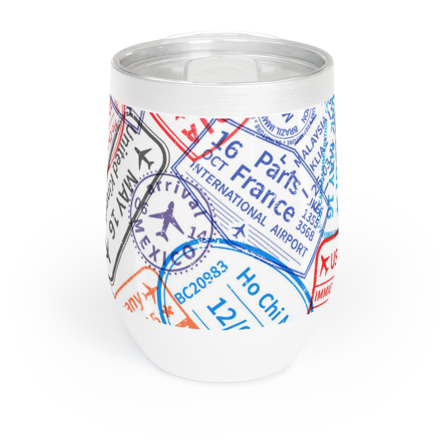 "Wanderlust" Multicolored Passport Stamps Chill Wine Tumbler - 12oz