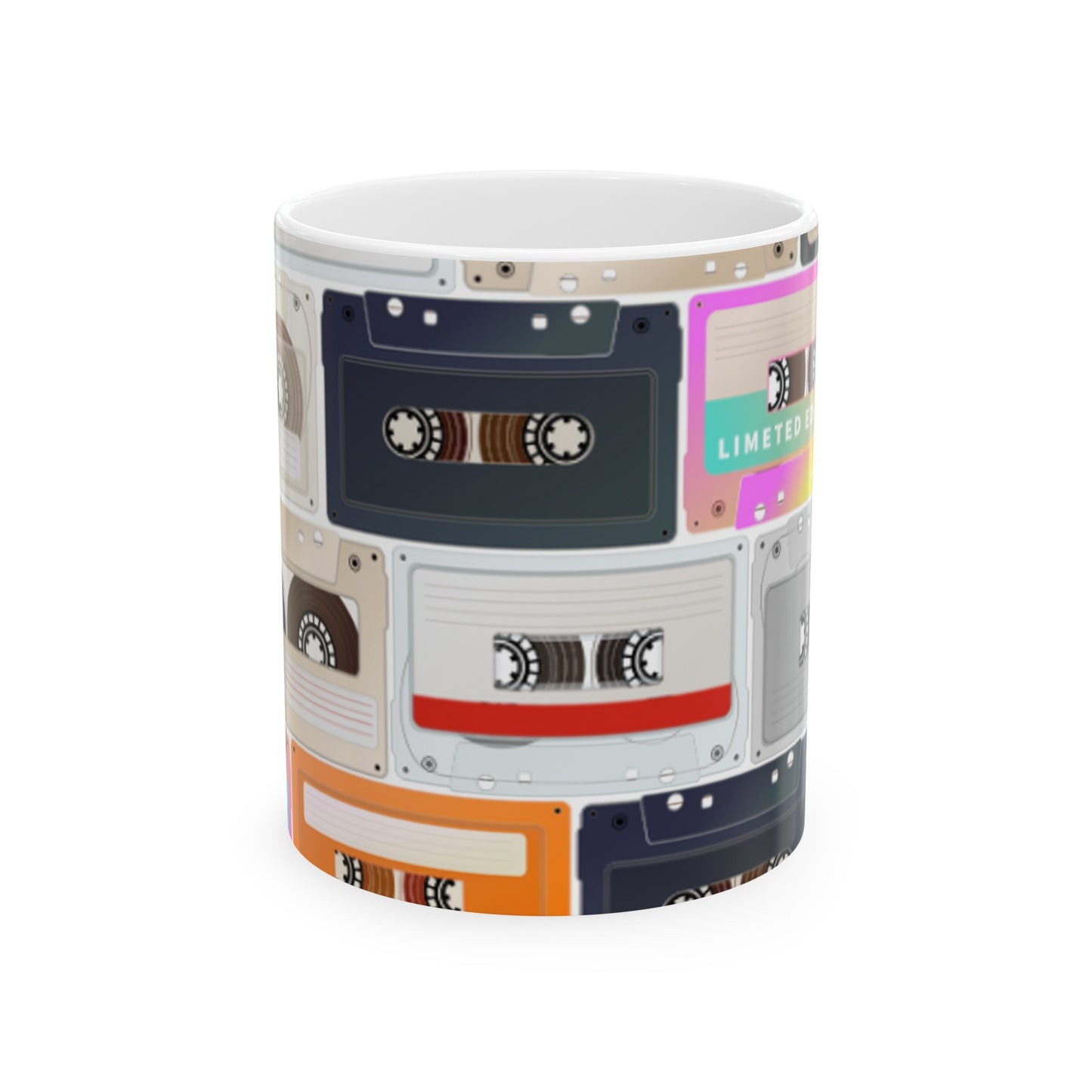 Retro Vibes Ceramic Mug 11oz - Multicolored Cassette Tapes Design