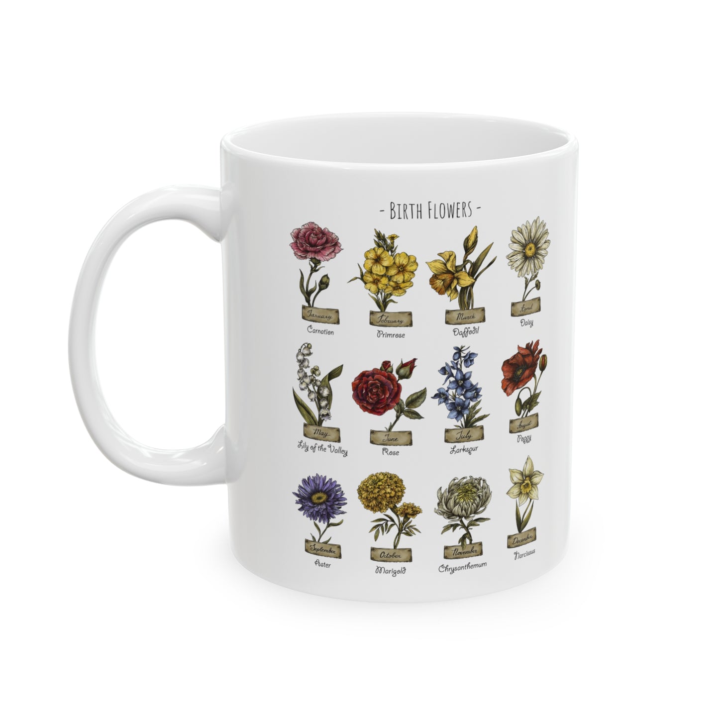 White Ceramic Mug 11oz with Birth Flowers - Perfect Gift for Coffee & Tea Lovers