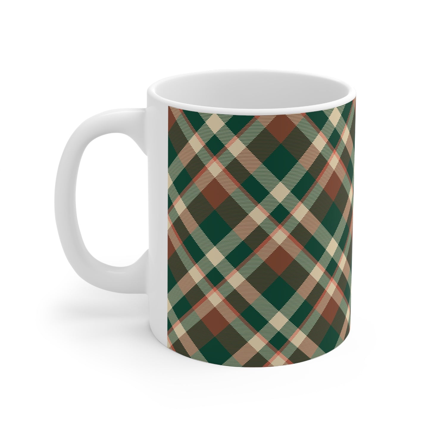 Plaid Elegance: Dark Green Mug with Cream and Reddish Brown Pattern