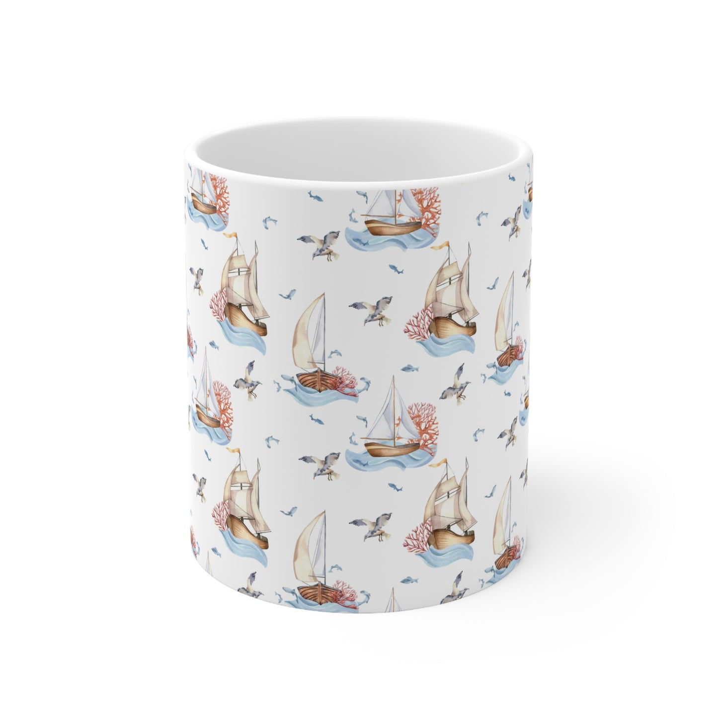 Coastal Serenity: White Ceramic Mug with Sailboats and Seagulls