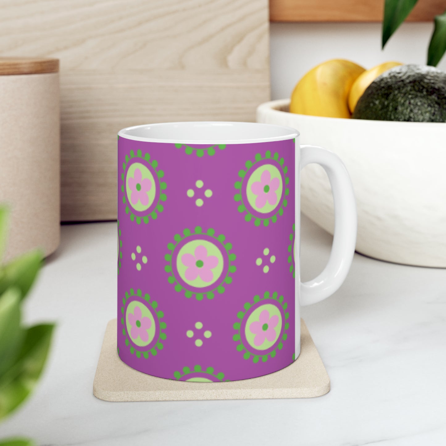 🌸 Purple Pink Magenta Floral Ceramic Mug 11 oz