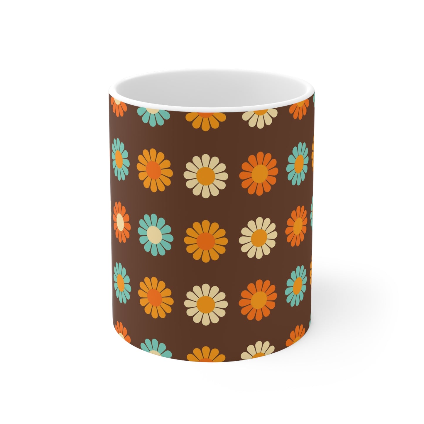 Vintage Earth Tones: Brown Ceramic Mug with Orange, Yellow, and Teal Pattern