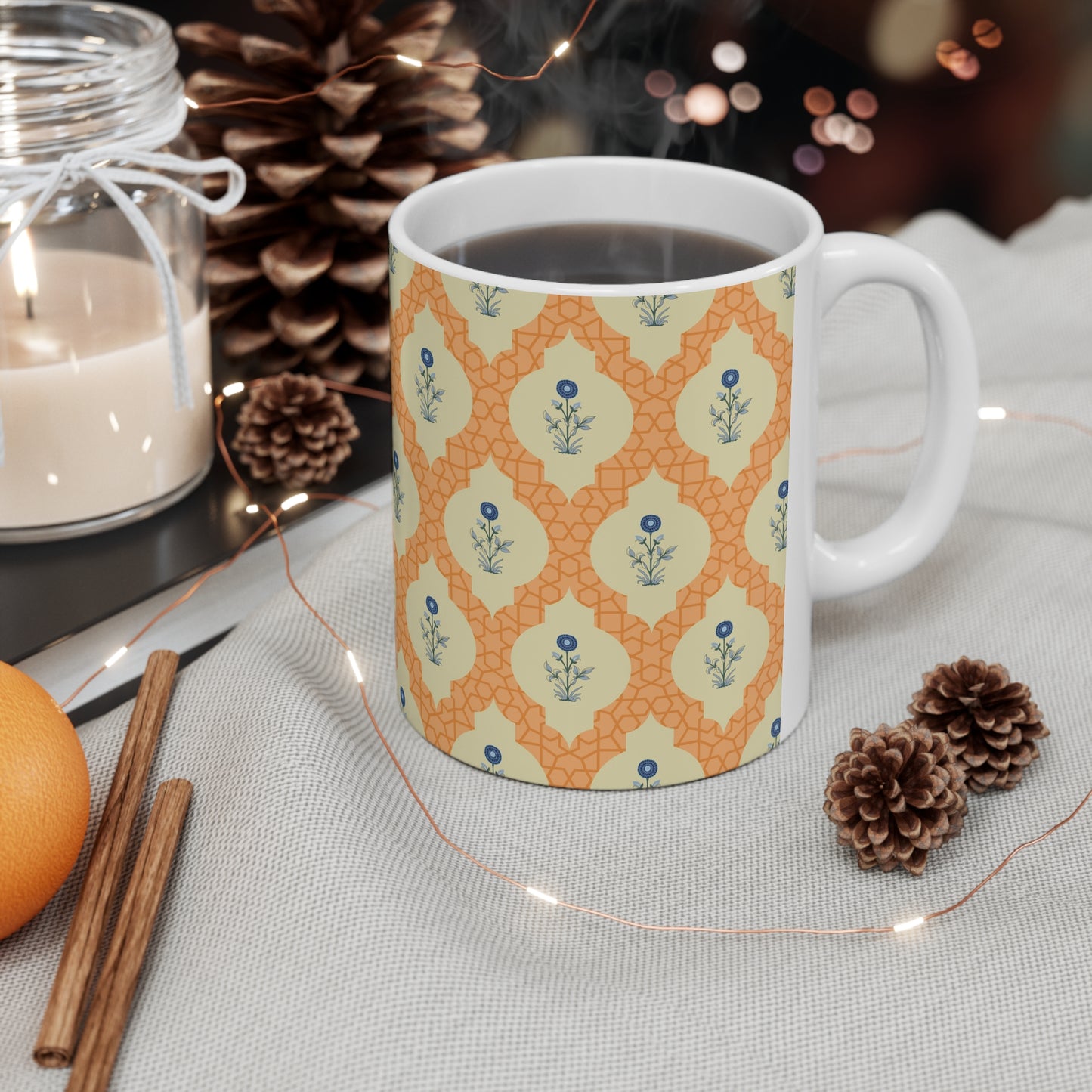 Retro Bloom Blaze: Orange Background Mug with Blue FlowerS