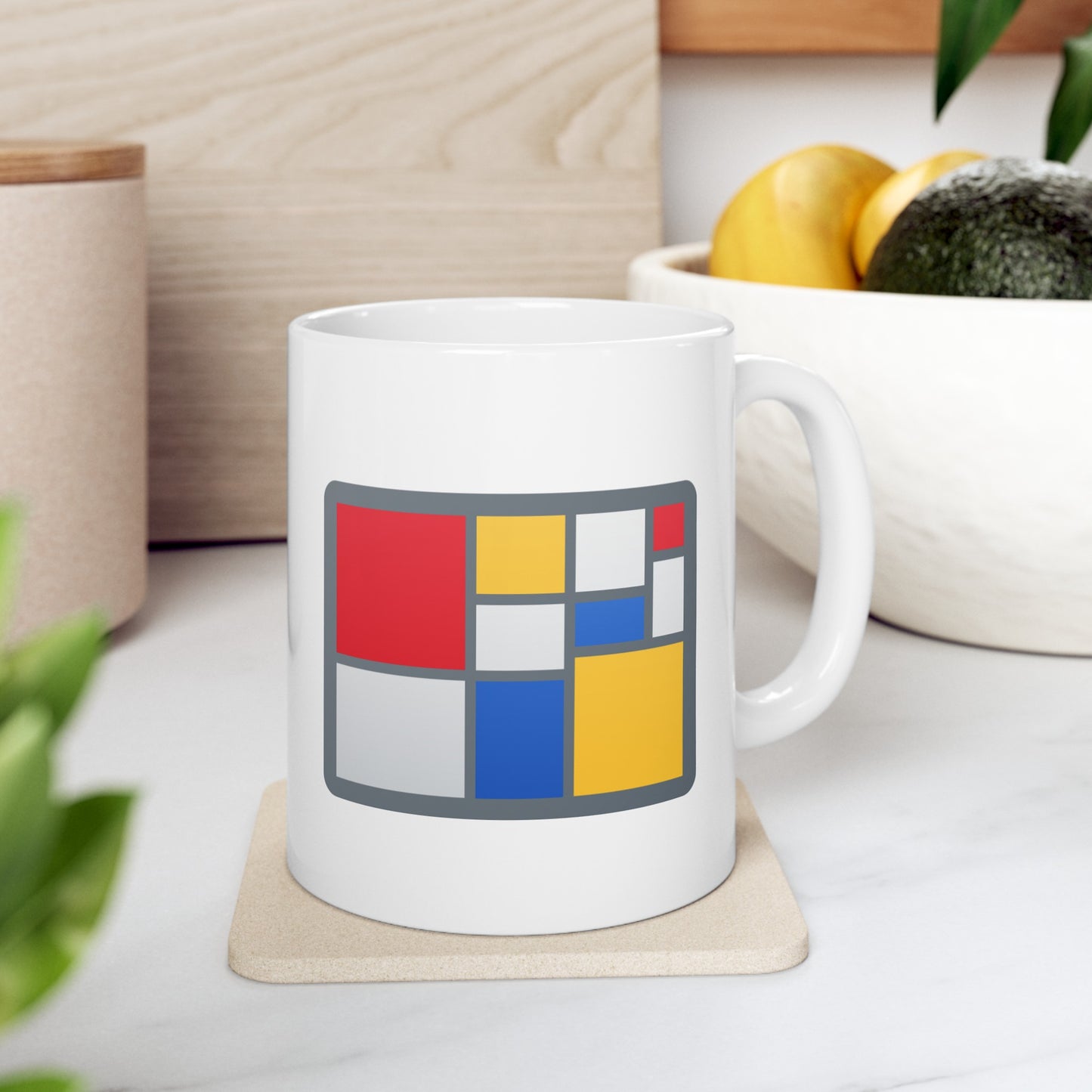 Colorful Modern Art Abstract Ceramic Mug 11oz - Red, Blue, White, Yellow Design