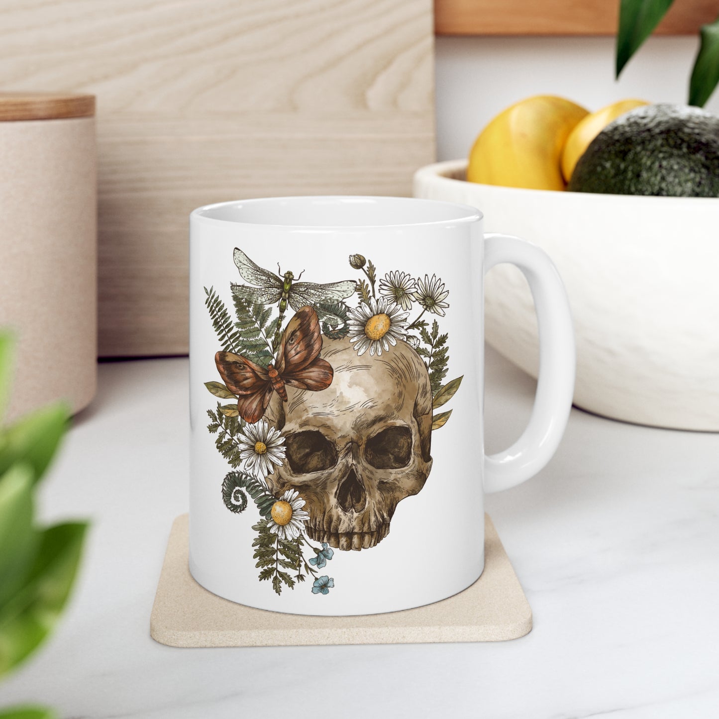 Enchanting Ceramic Mug 11oz with Butterfly, Dragonfly, and Floral Skull Design