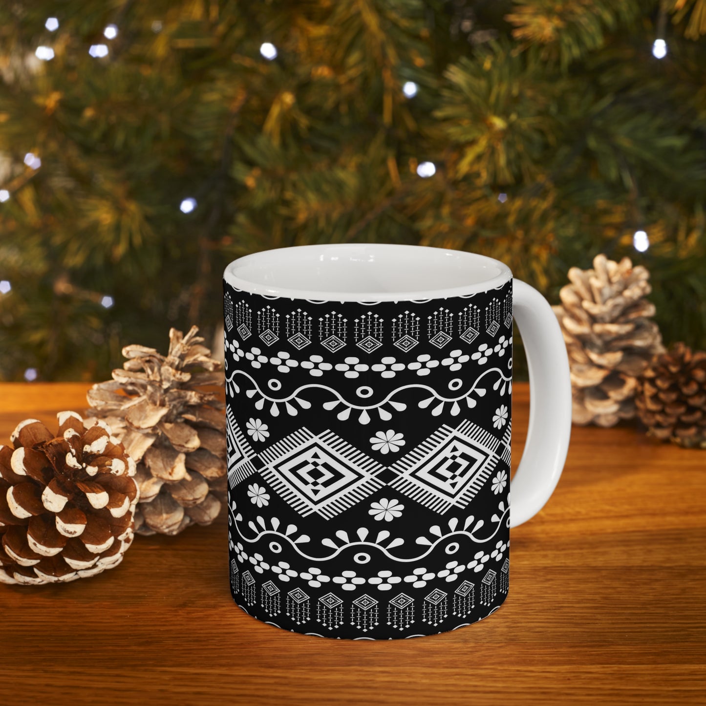 Elegance in Monochrome: Black Ceramic Mug with White Repeating Patterns