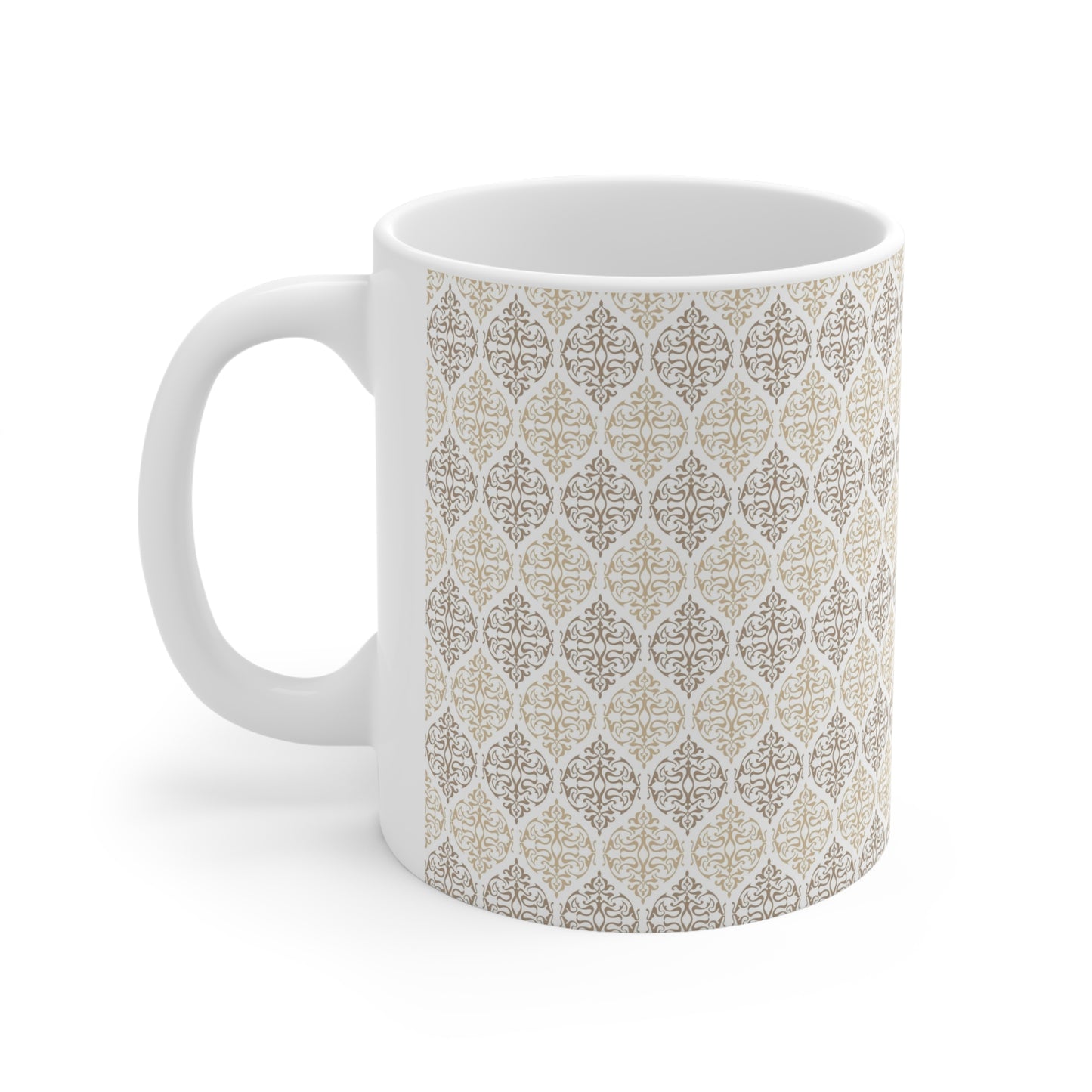 Timeless Elegance: White Ceramic Mug with Brown and Cream Repeated Pattern