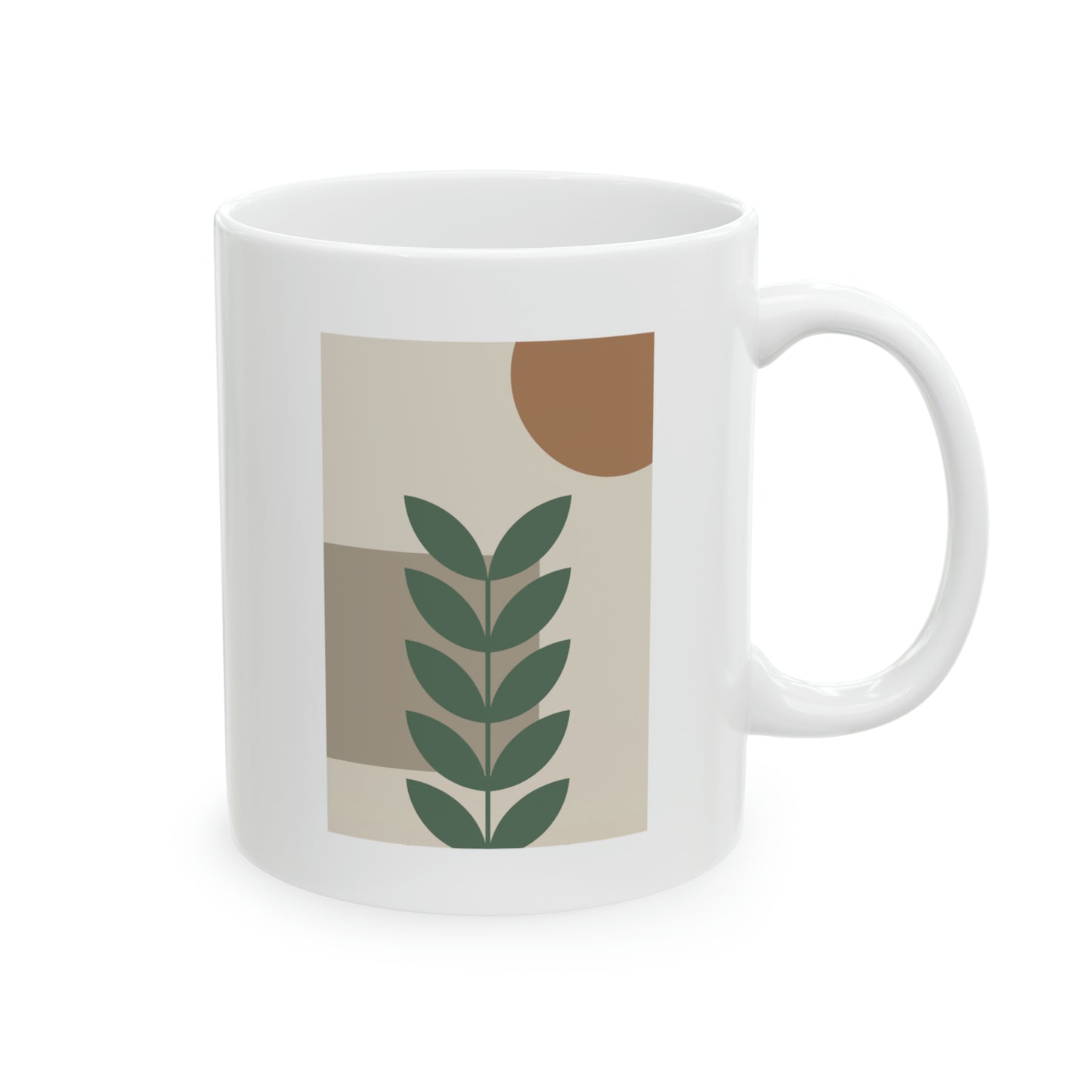 Earth Toned Plant and Sun Ceramic Mug 11 oz - Modern Art Deco Design