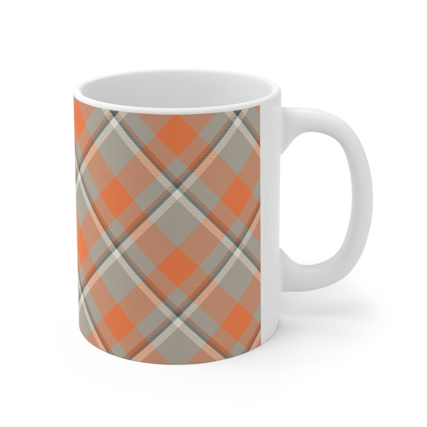 Cozy Plaid: Grey and Orange Ceramic Mug