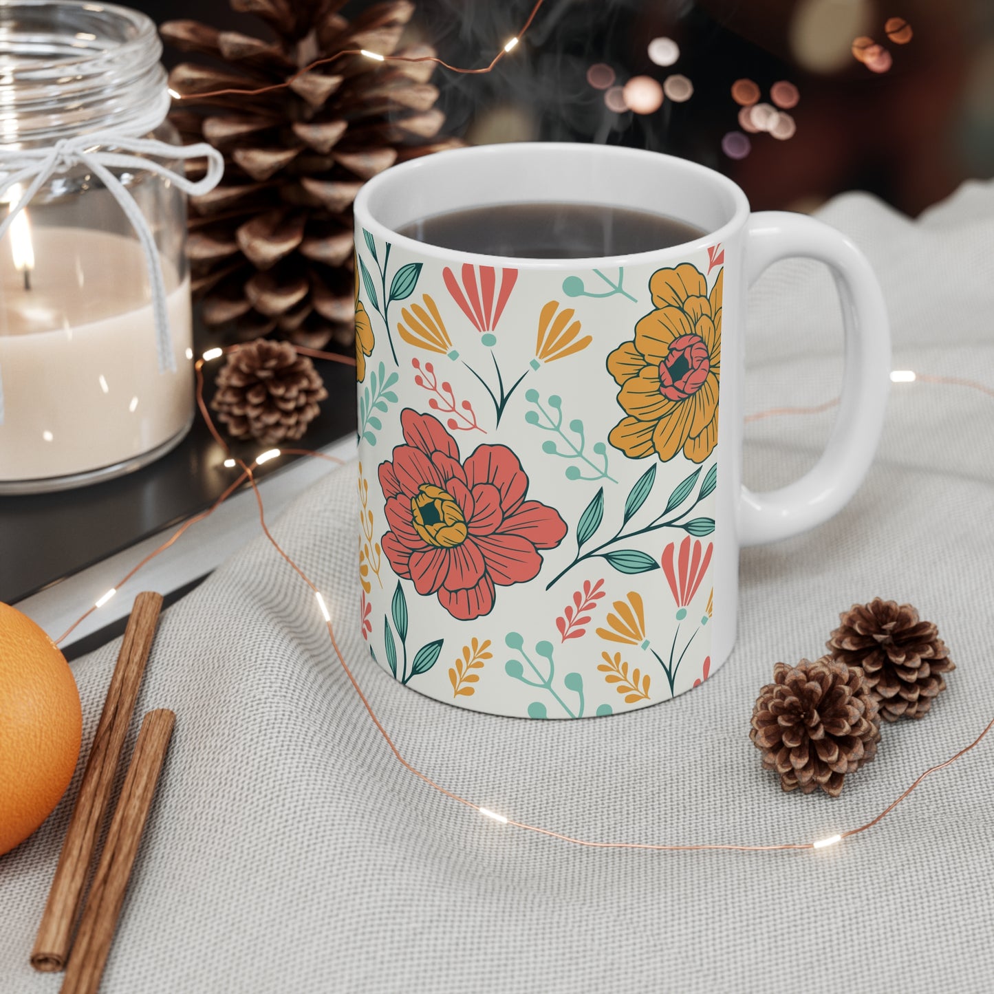 Blooms and Breezes Serenity: White Ceramic Mug with Orange, Coral Flowers, and Teal Leaves