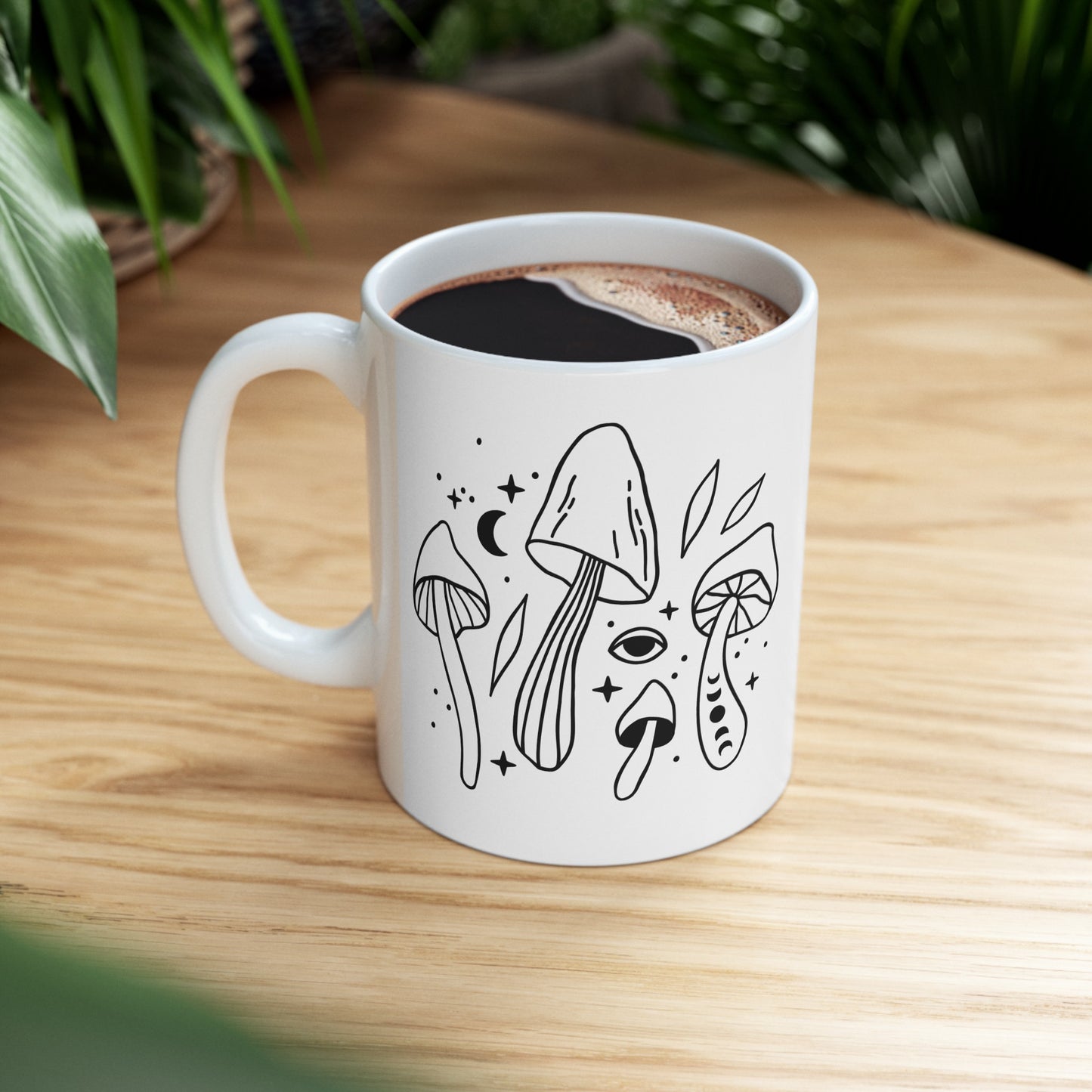 Celestial Monochromatic Mushrooms Ceramic Mug 11oz - Black and White Design