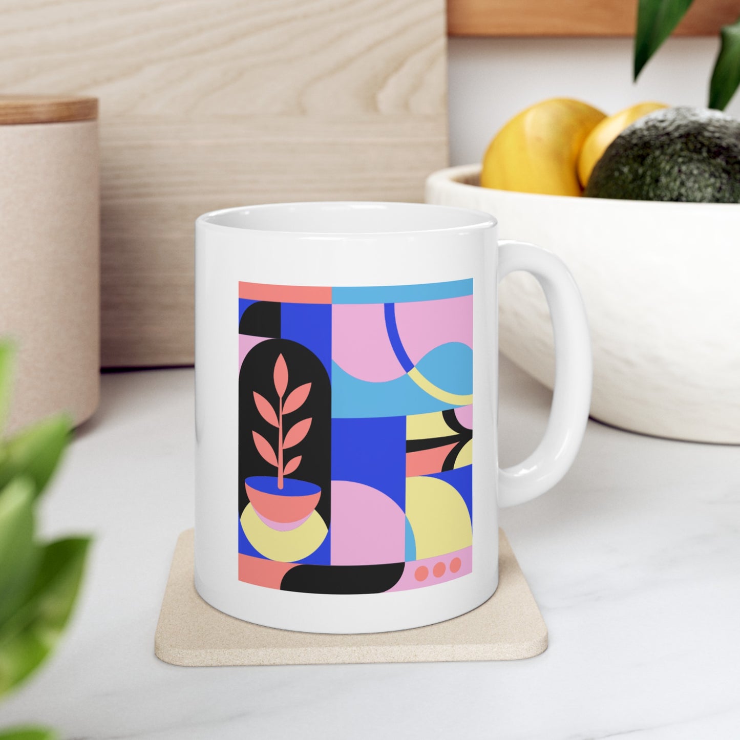 Colorful Abstract Art Ceramic Mug 11oz - Pink, Blue & Yellow