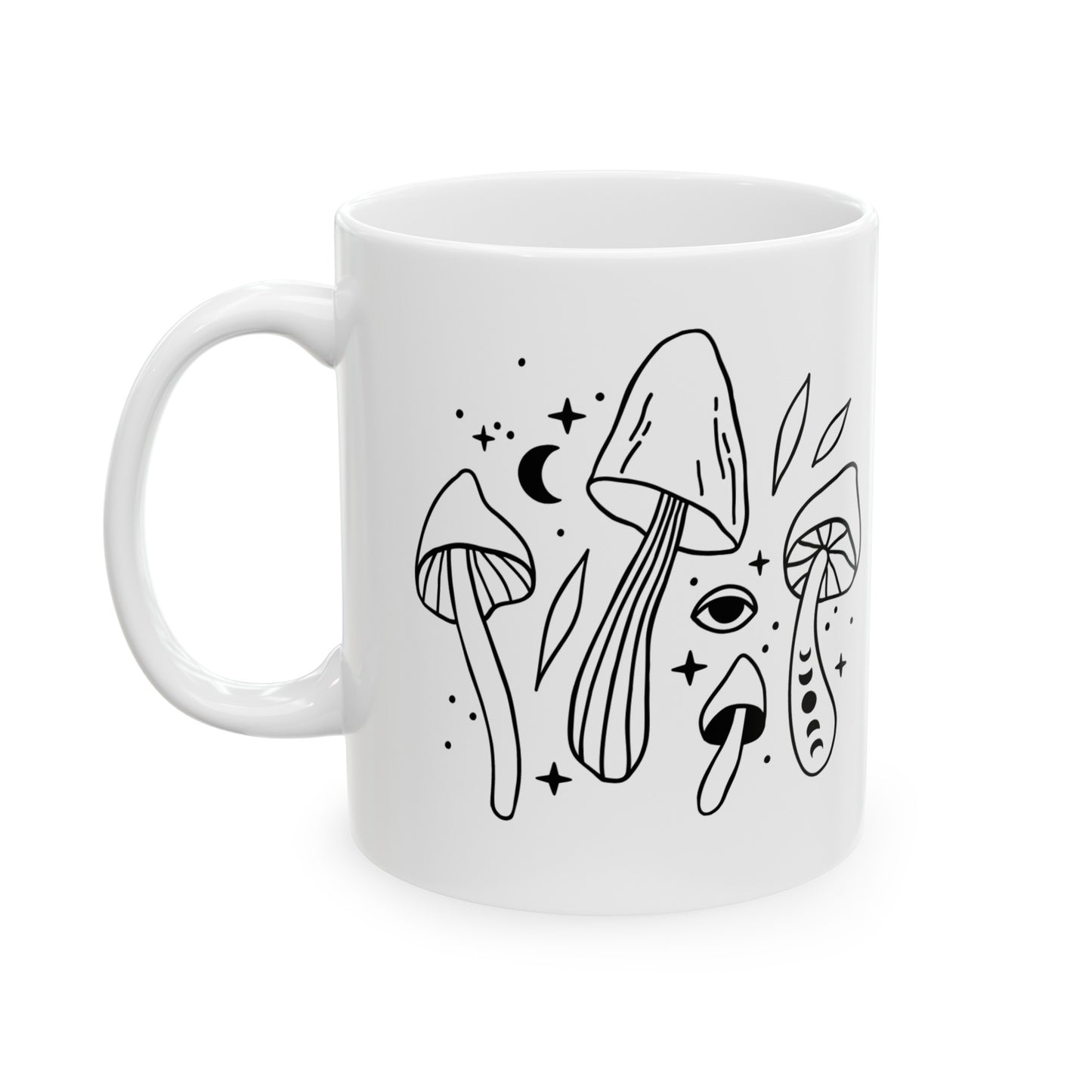 Celestial Monochromatic Mushrooms Ceramic Mug 11oz - Black and White Design