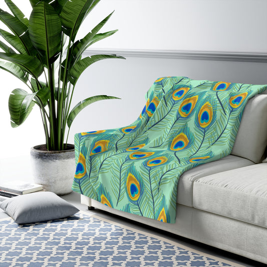 Vibrant Peacock Feathers Sherpa Fleece Blanket