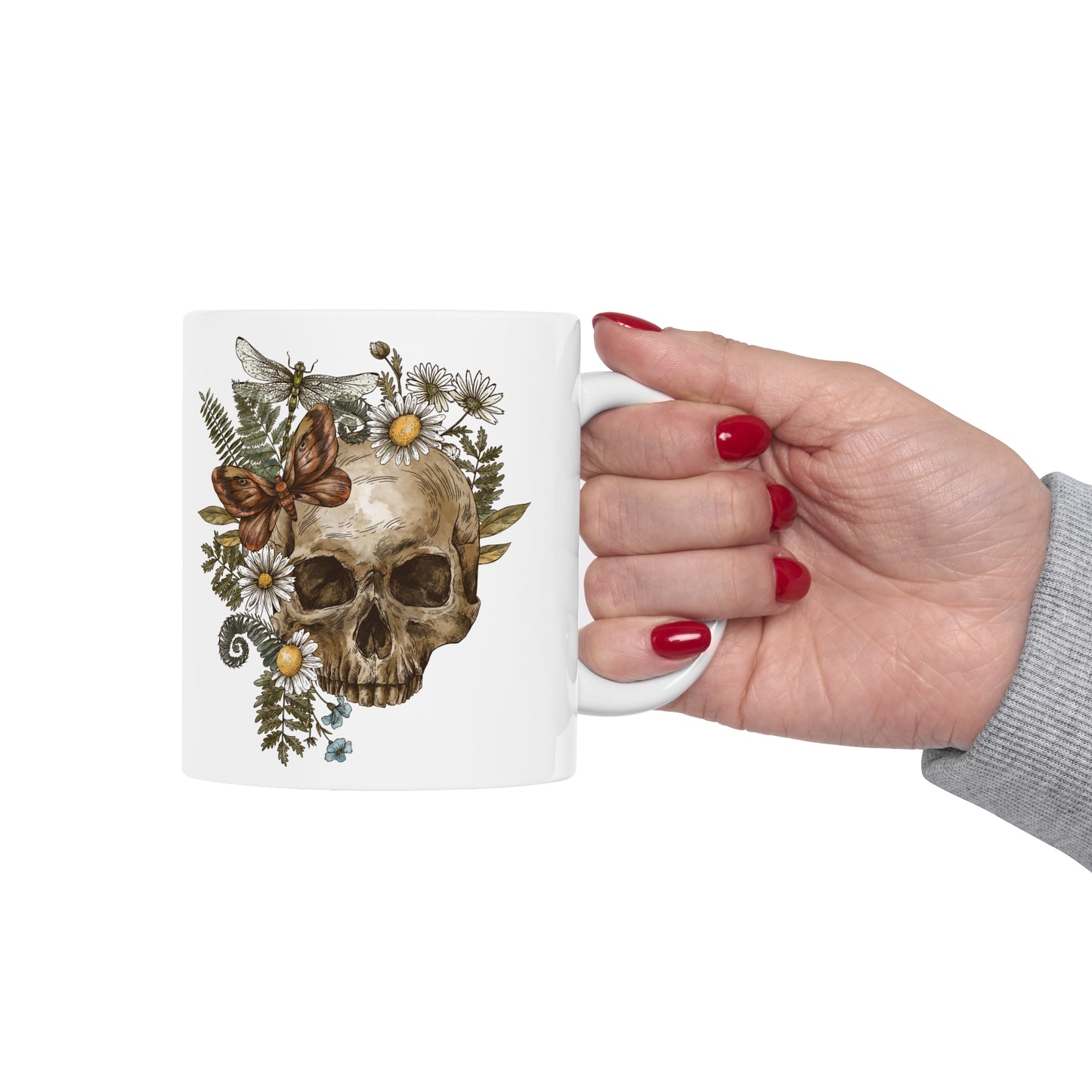 Enchanting Ceramic Mug 11oz with Butterfly, Dragonfly, and Floral Skull Design