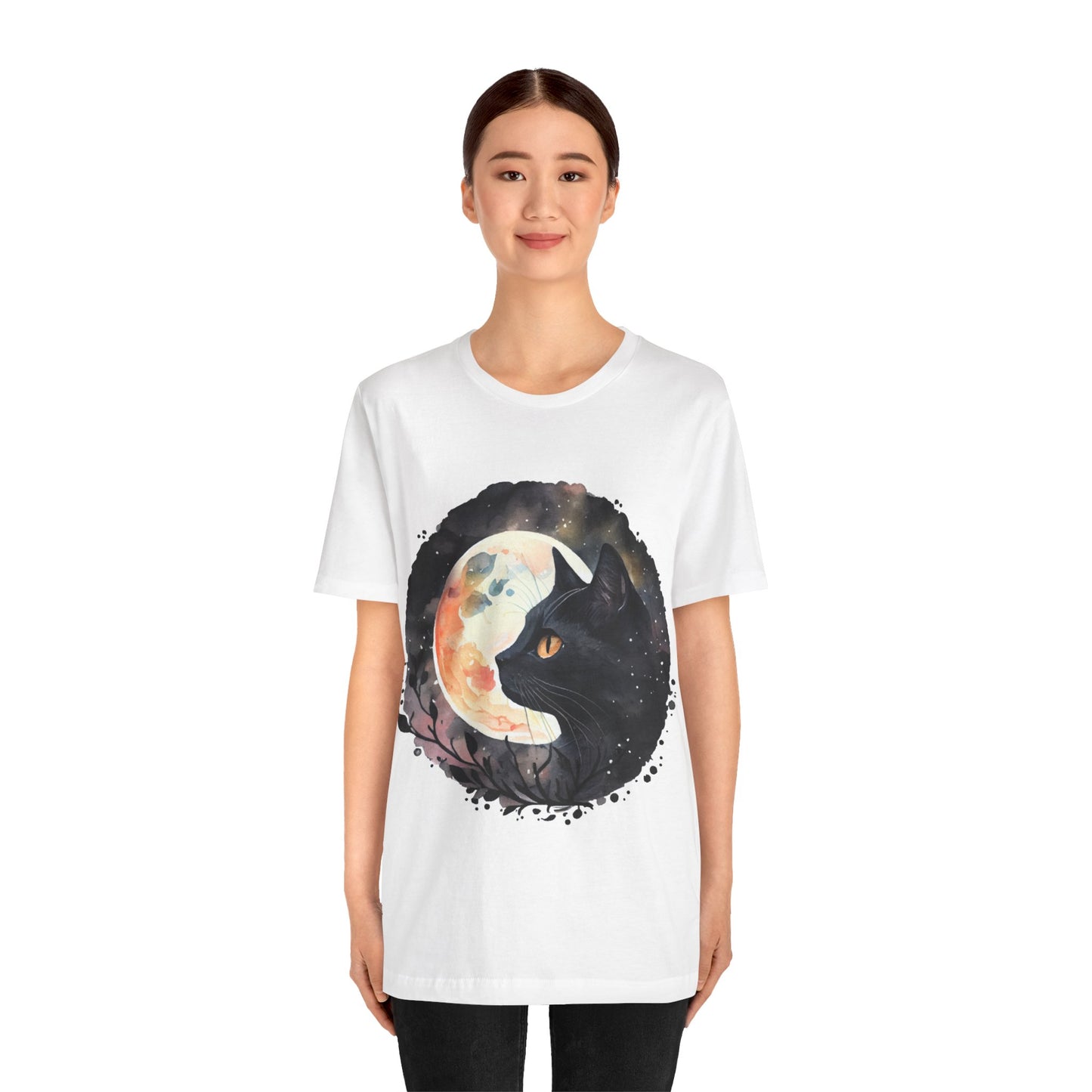 🐈‍⬛ Celestial Black Cat Moonlight Unisex Jersey Short Sleeve Tee-white