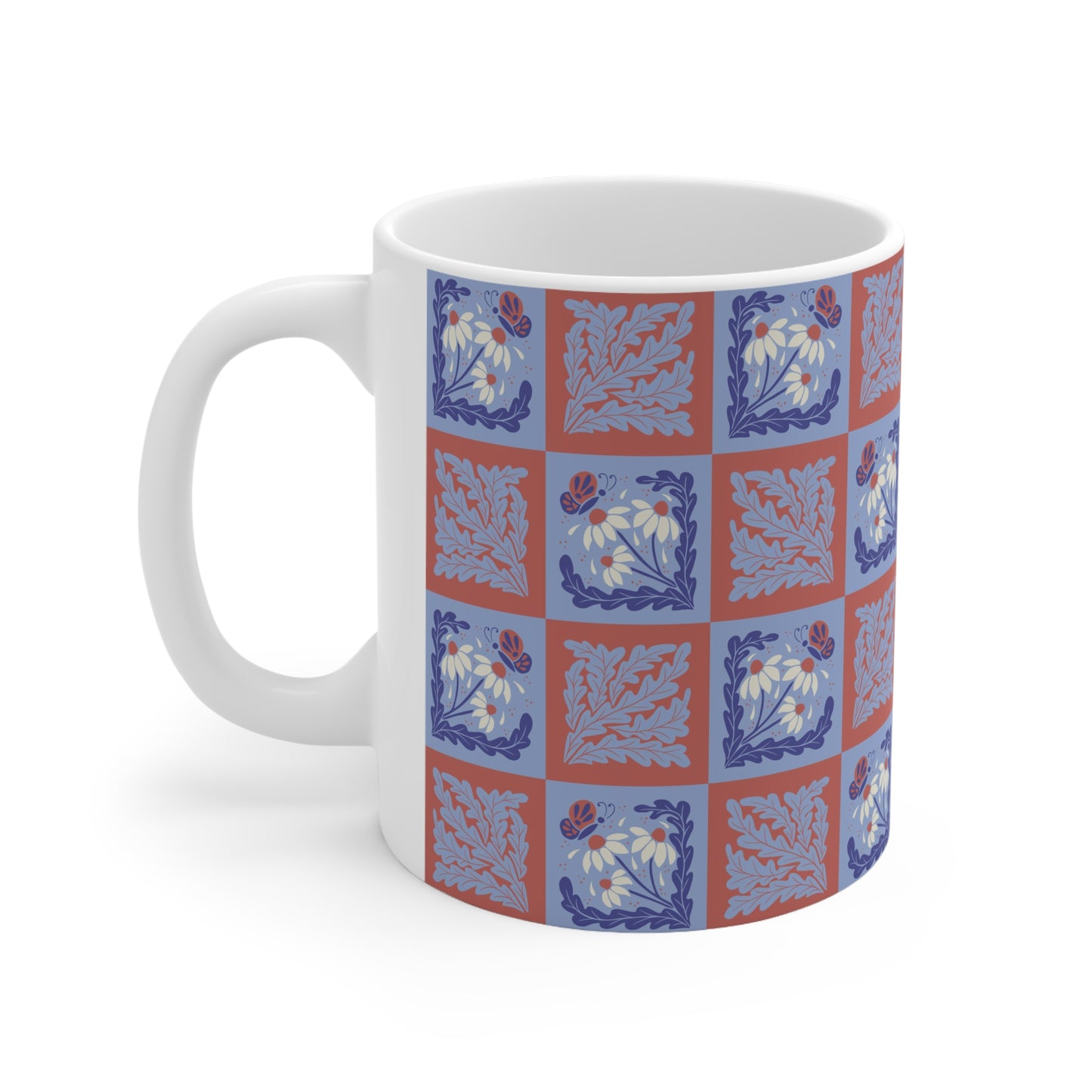 Stamped Elegance: Light Blue and Red Mug with White Flowers