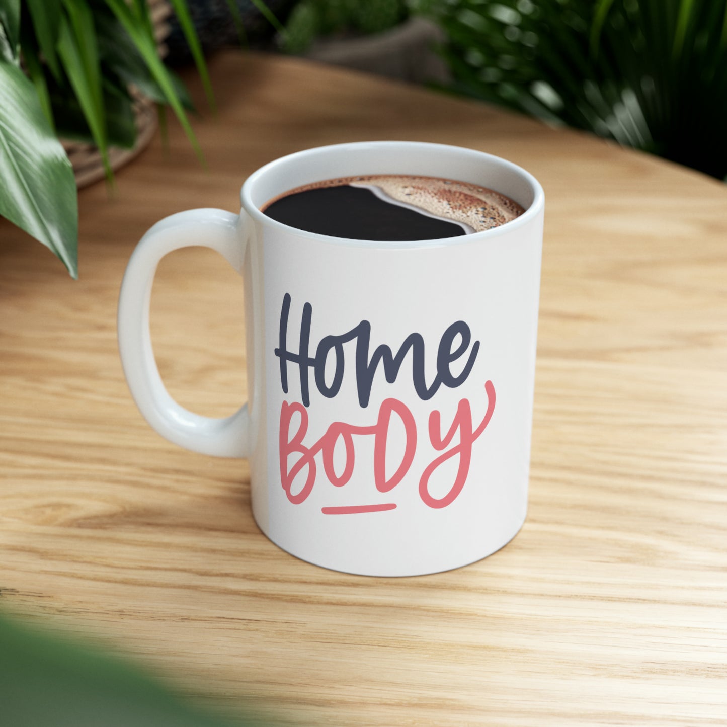 "Home Body" Ceramic Mug 11 oz - Navy Blue & Coral Pink Design