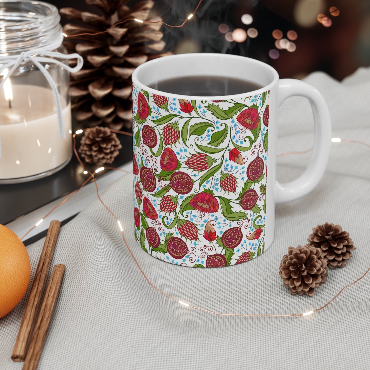 Floral Harvest Elegance: White Ceramic Mug with Red Flowers and Fruit