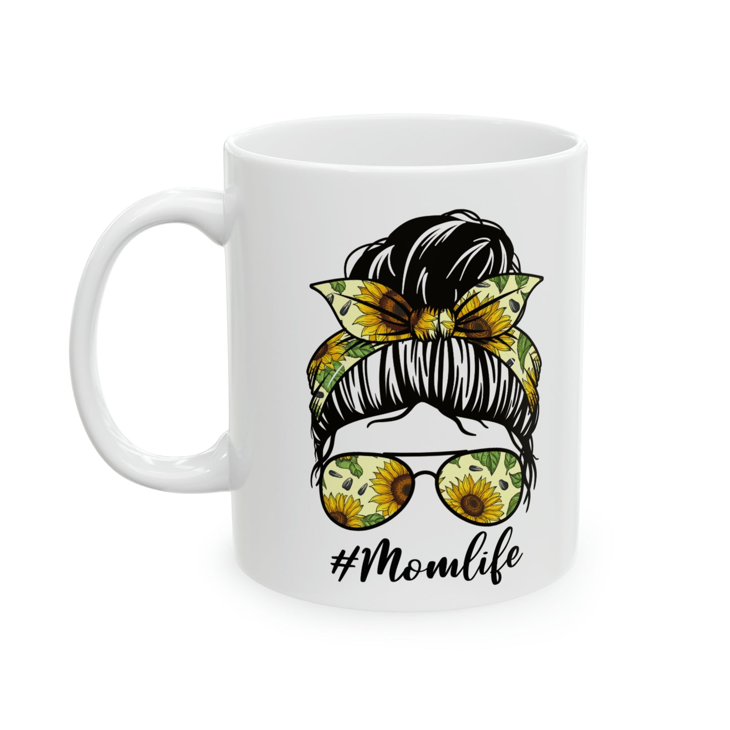 Chic #Momlife Ceramic Mug: Trendy Mom Sunflower Headband & Sunglasses - 11 oz