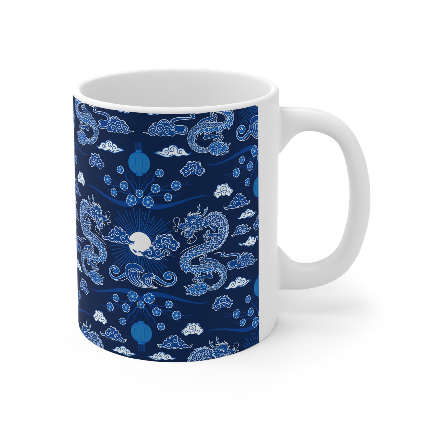 Dragon Dreamscape: Blue Ceramic Mug with Dragons and Lanterns