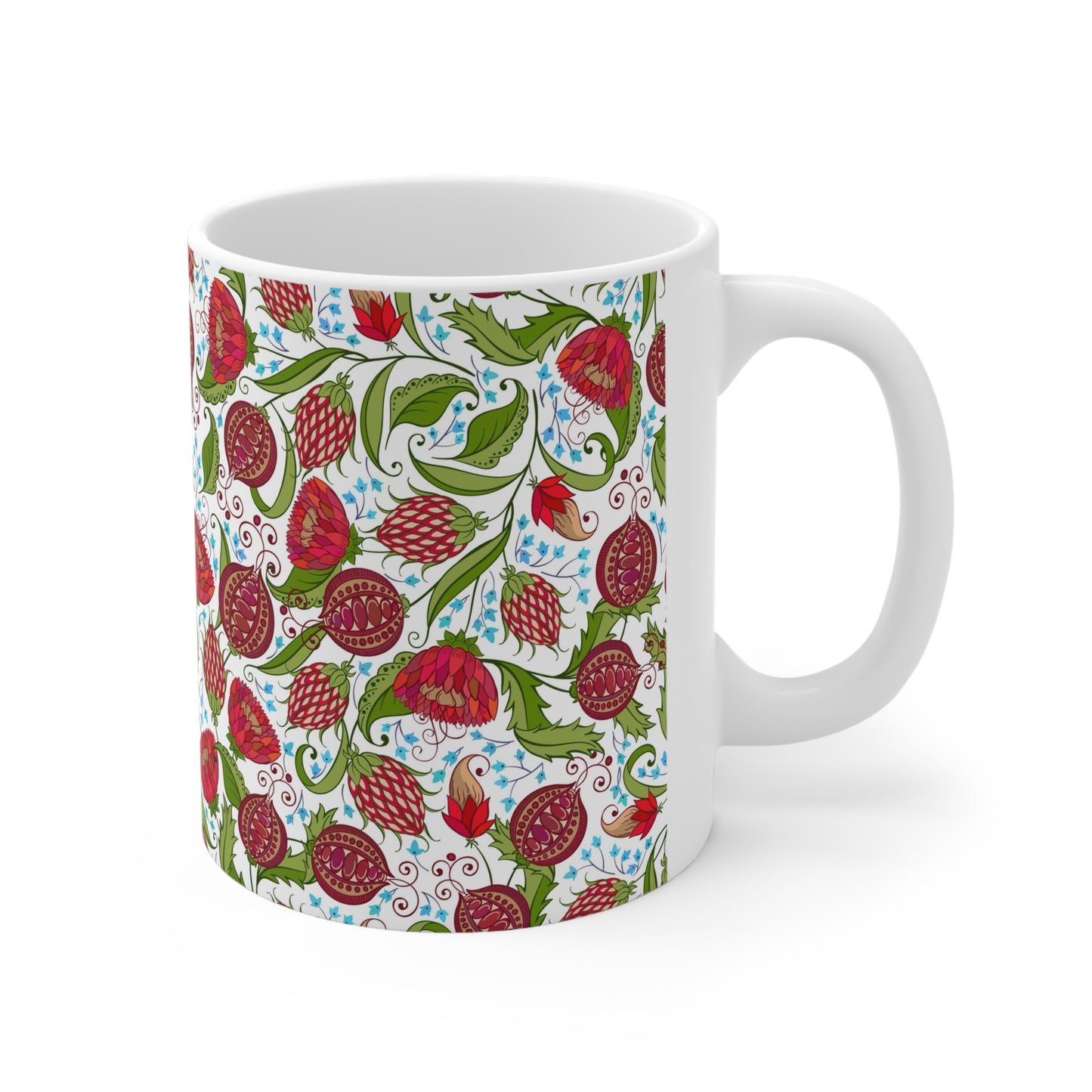 Floral Harvest Elegance: White Ceramic Mug with Red Flowers and Fruit