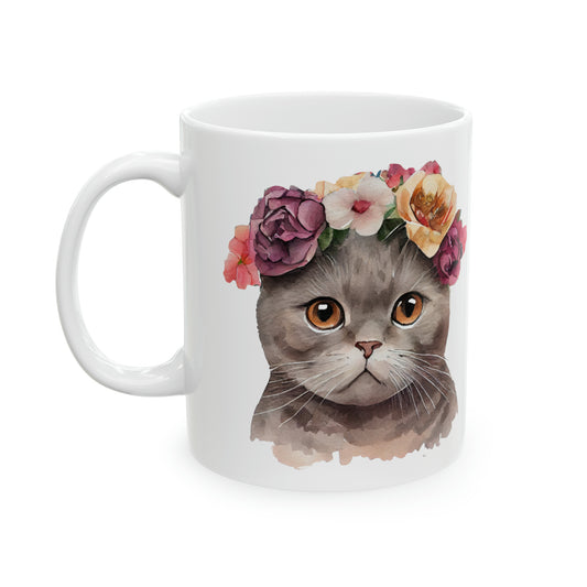 Flower Crown Grey and Brown Cat Ceramic Mug 11 oz - Perfect Gift for Cat Lovers