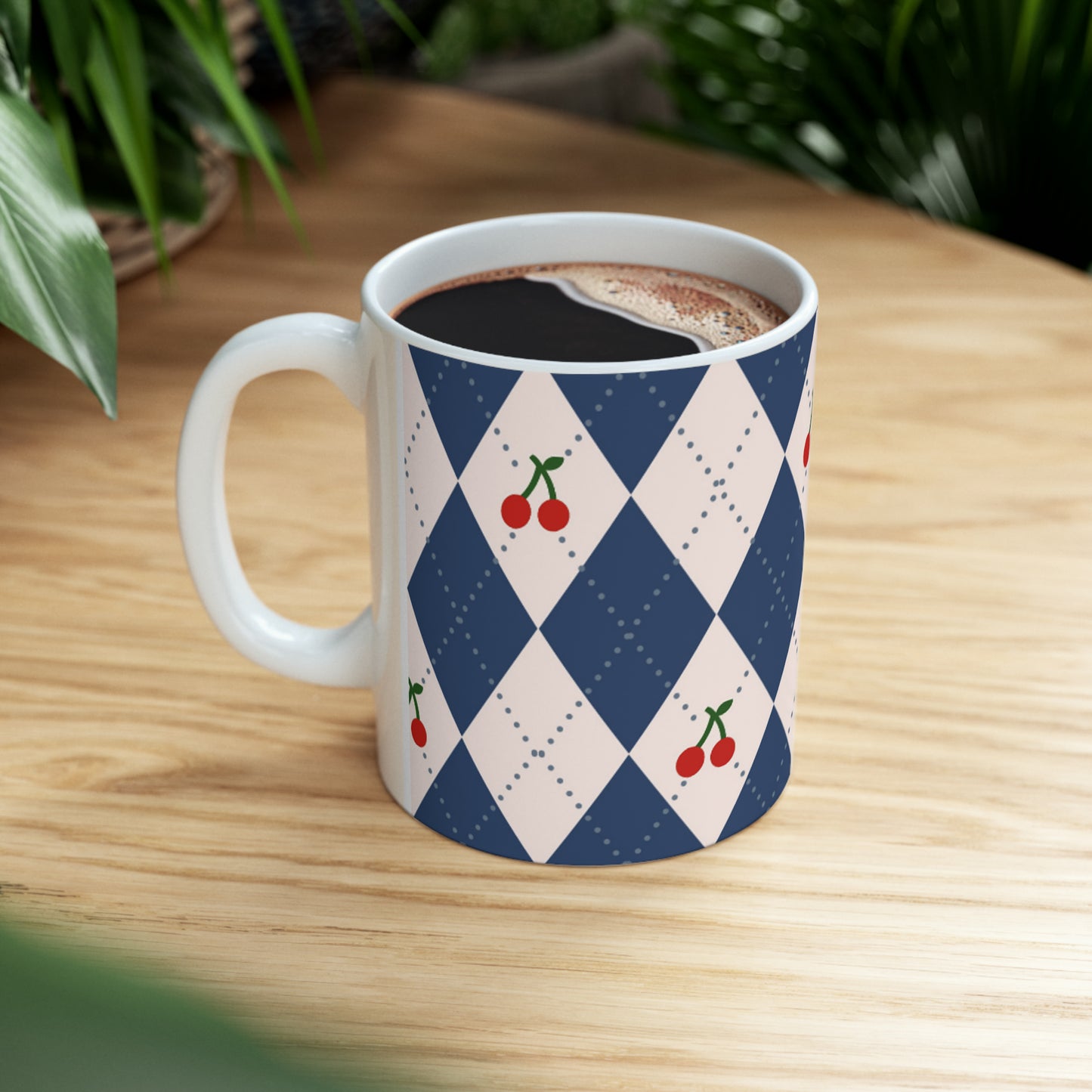 🍒 Cherry Plaid Diamond Ceramic Mug 11oz - Vintage Charm for Your Cup