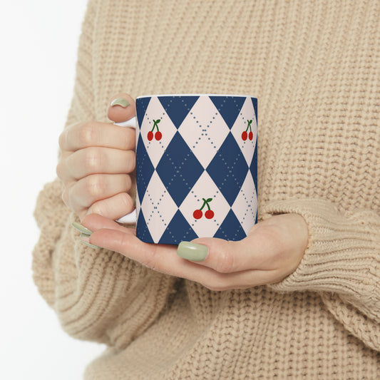 🍒 Cherry Plaid Diamond Ceramic Mug 11oz - Vintage Charm for Your Cup