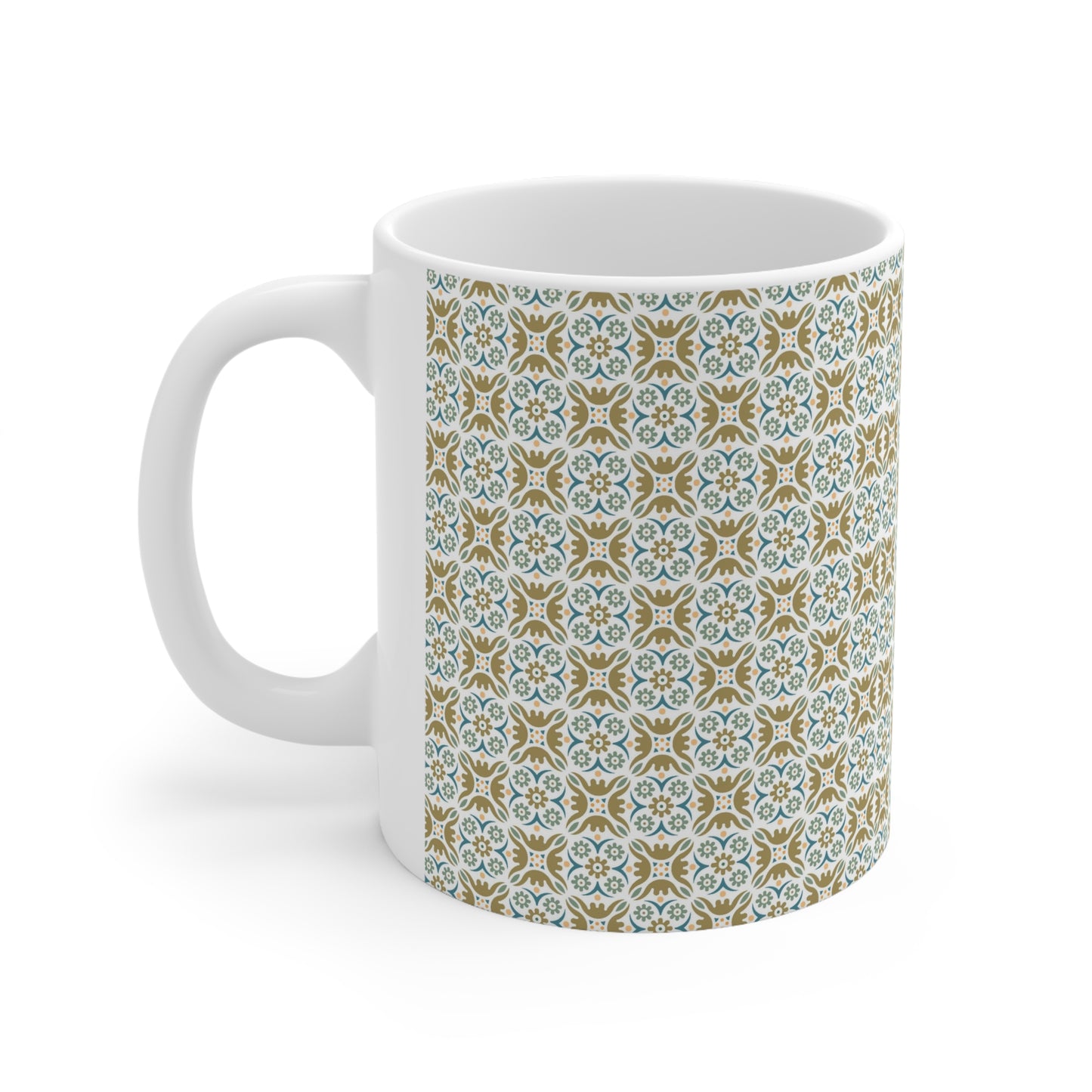 Tile Harmony Delight: White Ceramic Mug with Blue, Green, and Orange Pattern