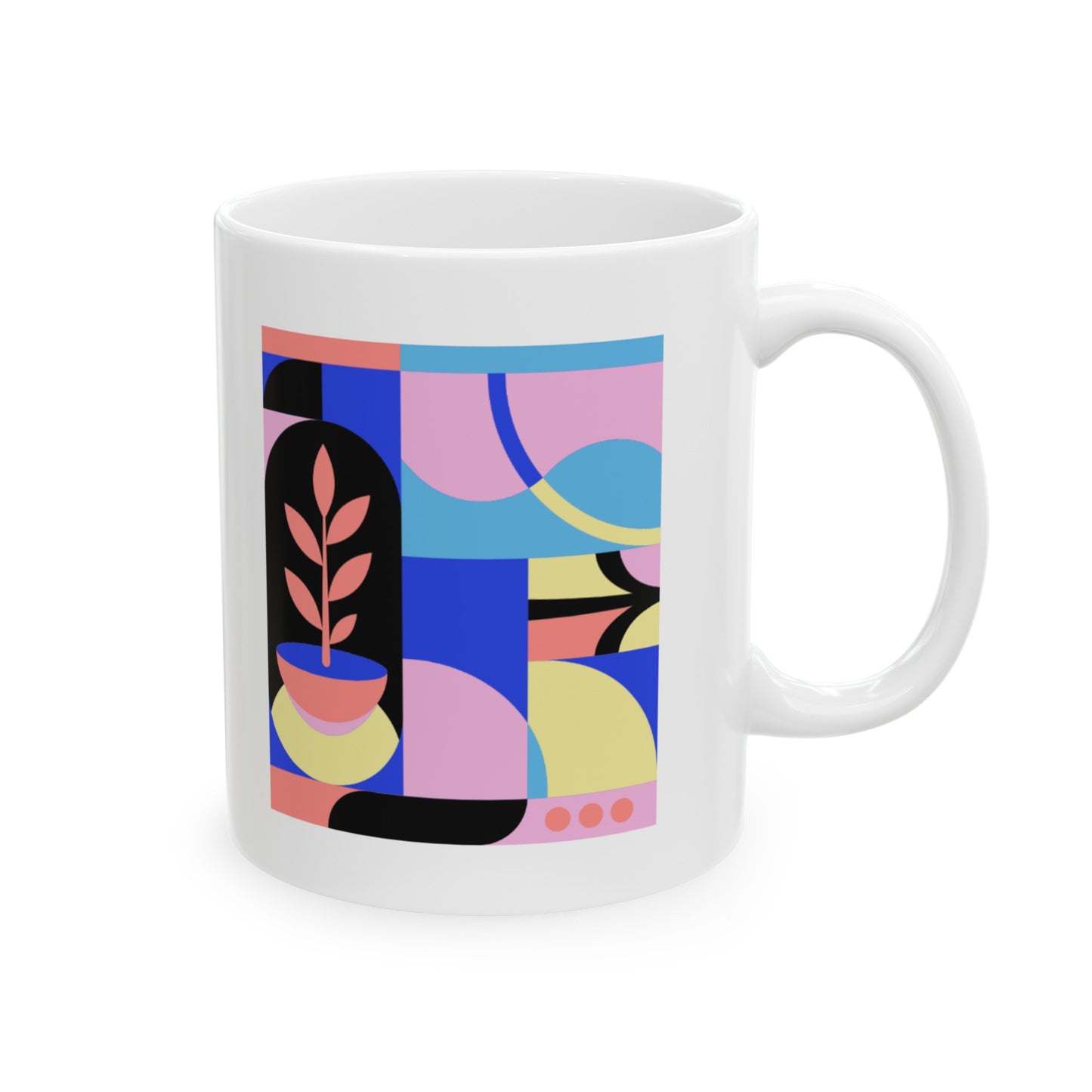 Colorful Abstract Art Ceramic Mug 11oz - Pink, Blue & Yellow