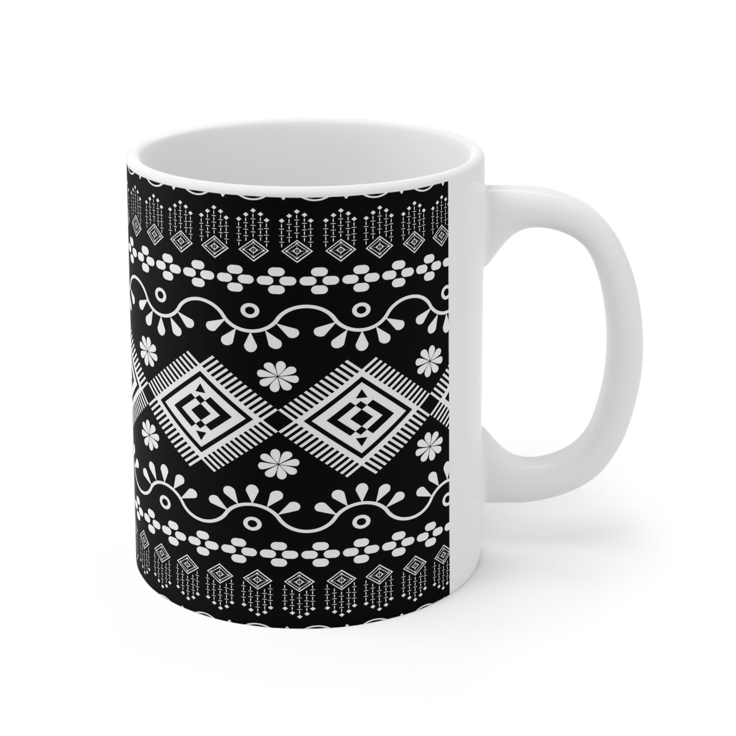 Elegance in Monochrome: Black Ceramic Mug with White Repeating Patterns