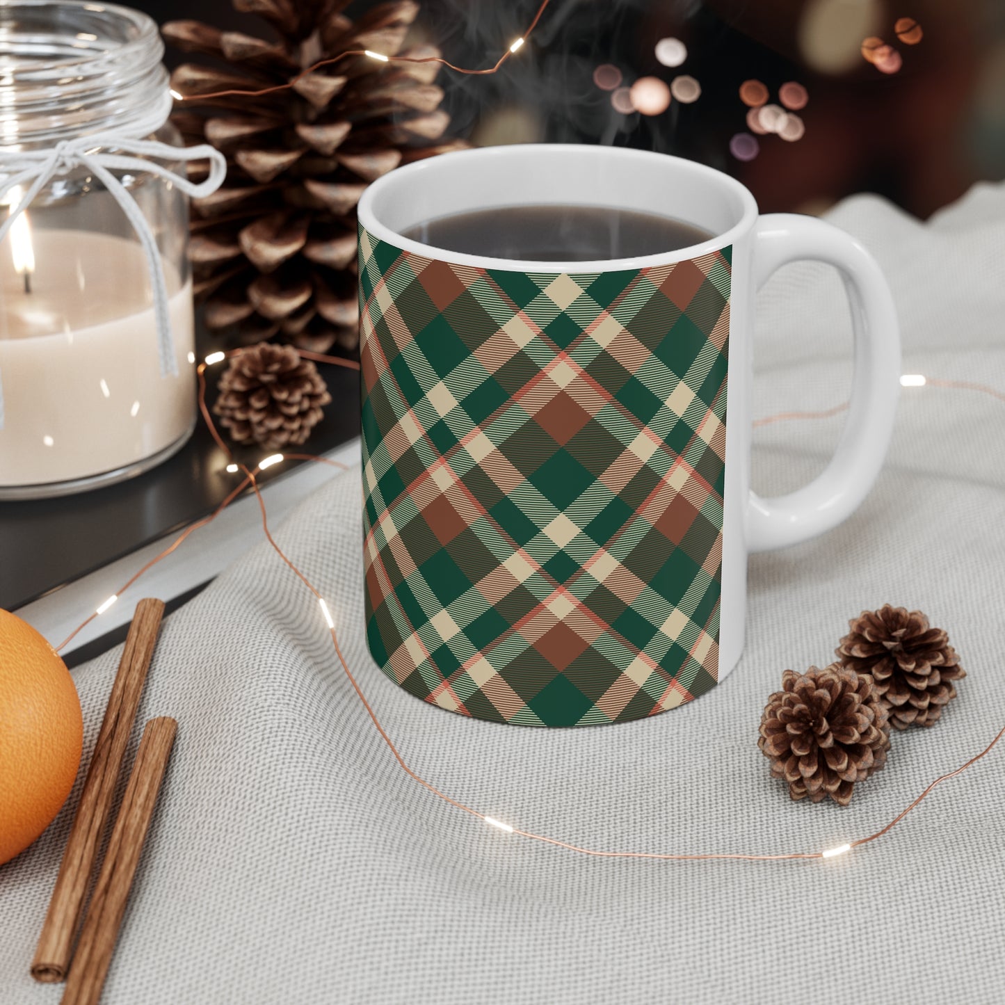 Plaid Elegance: Dark Green Mug with Cream and Reddish Brown Pattern