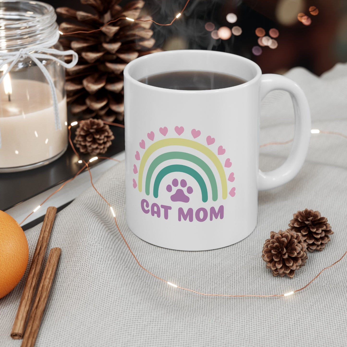 Colorful 'Cat Mom' Ceramic Mug - 11oz