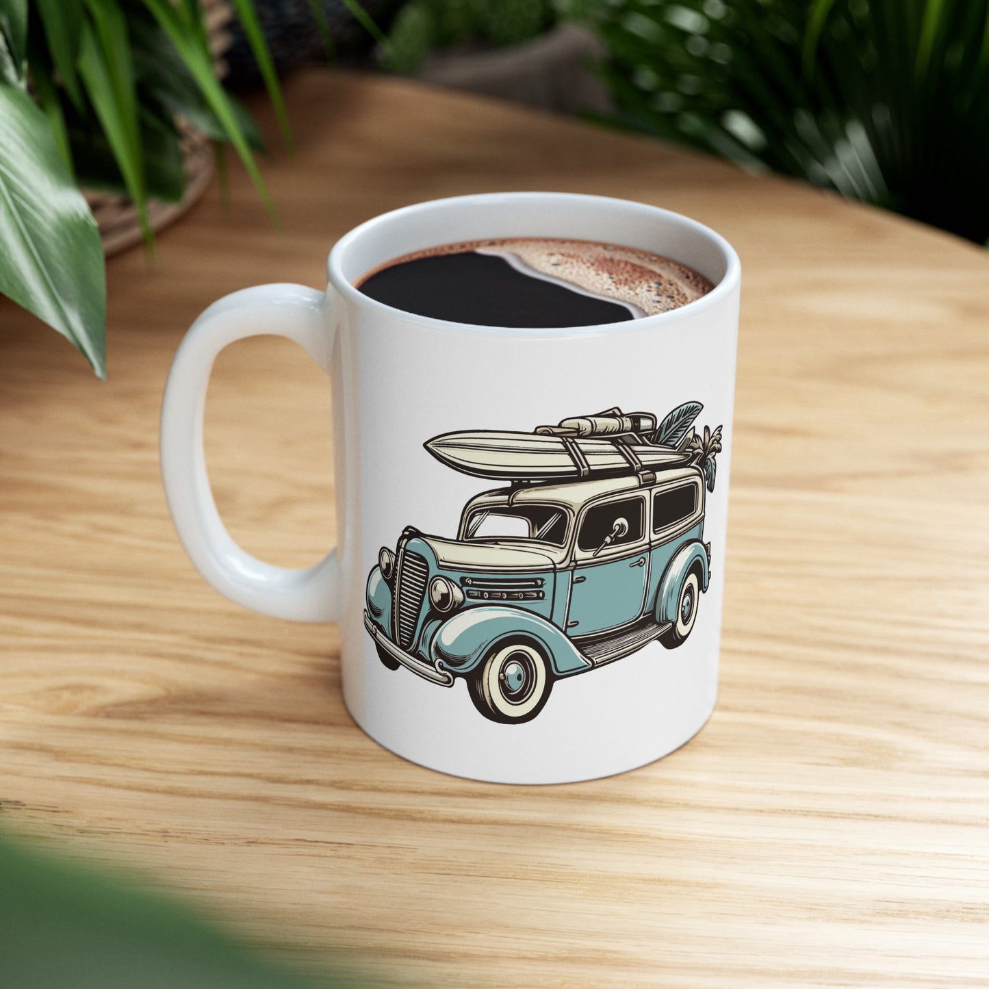 Vintage Car Surfboard Design Ceramic Mug | 11oz & 15oz | BPA & Lead-Free