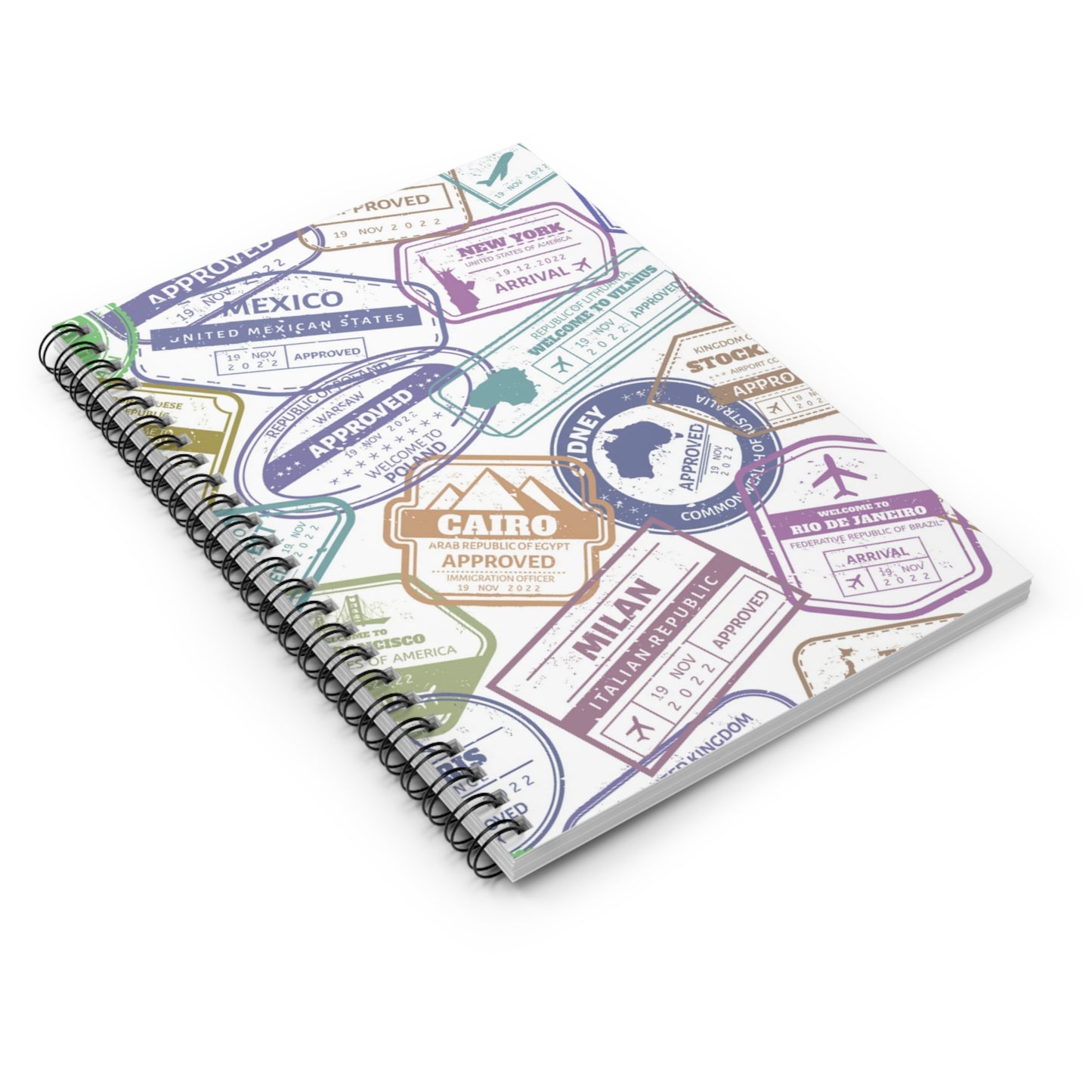 🌏 Colorful Passport Stamp Spiral Notebook - Ruled Line