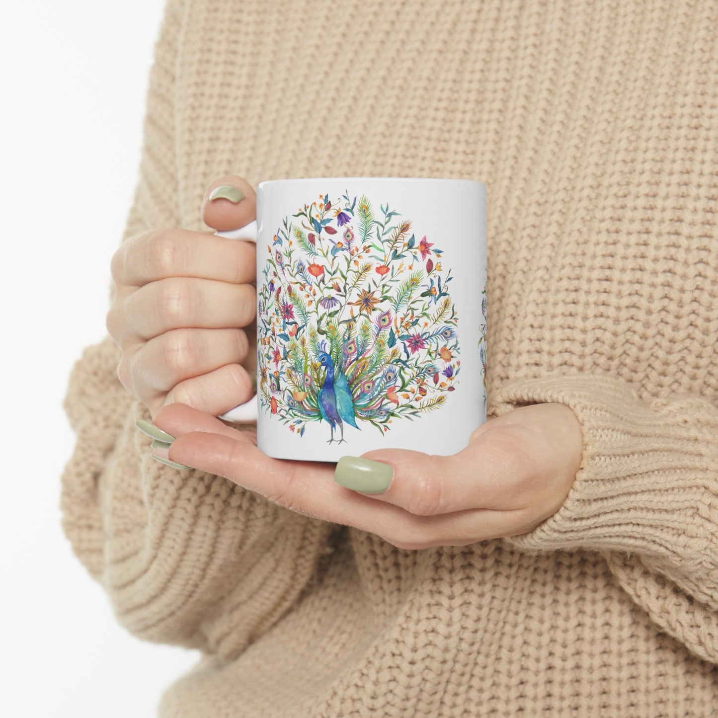 🦚 "Floral Peacock Dreams" Ceramic Mug 11 oz - Colorful Peacock Coffee Mug