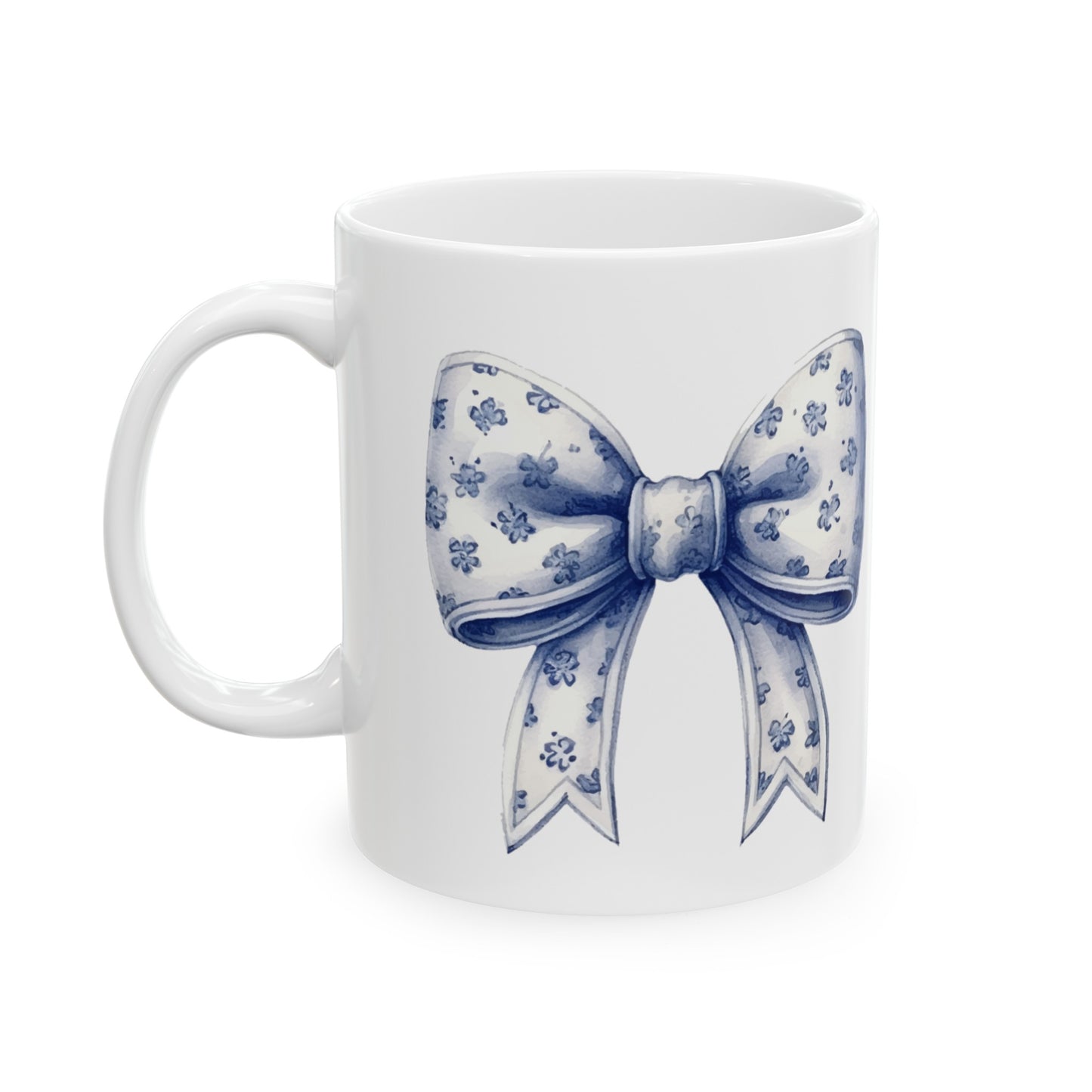 💙 Coquette White and Blue Floral Bow Ceramic Mug, 11oz