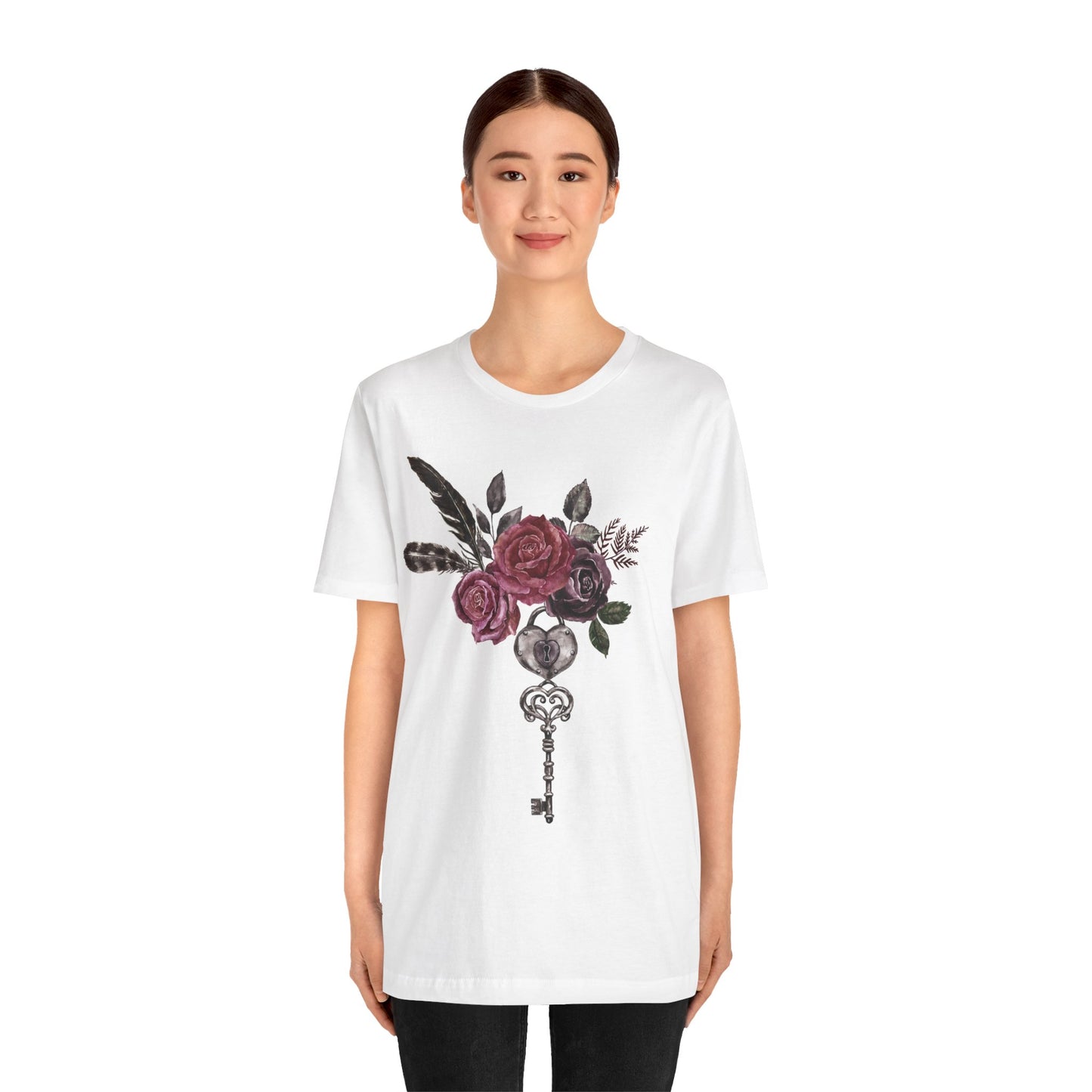 🗝️🌹Romantic Rose and Key Unisex Jersey Short Sleeve Tee