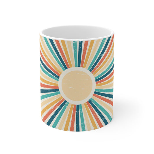 Retro Radiance Burst: Rainbow Sunburst Ceramic Mug