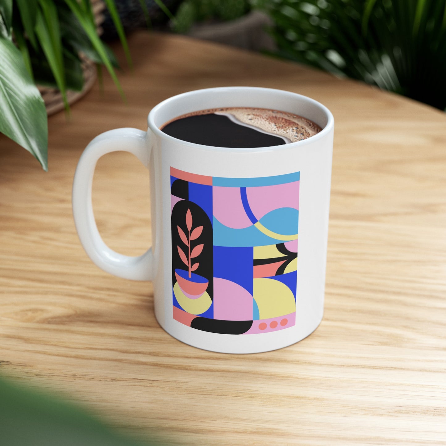 Colorful Abstract Art Ceramic Mug 11oz - Pink, Blue & Yellow