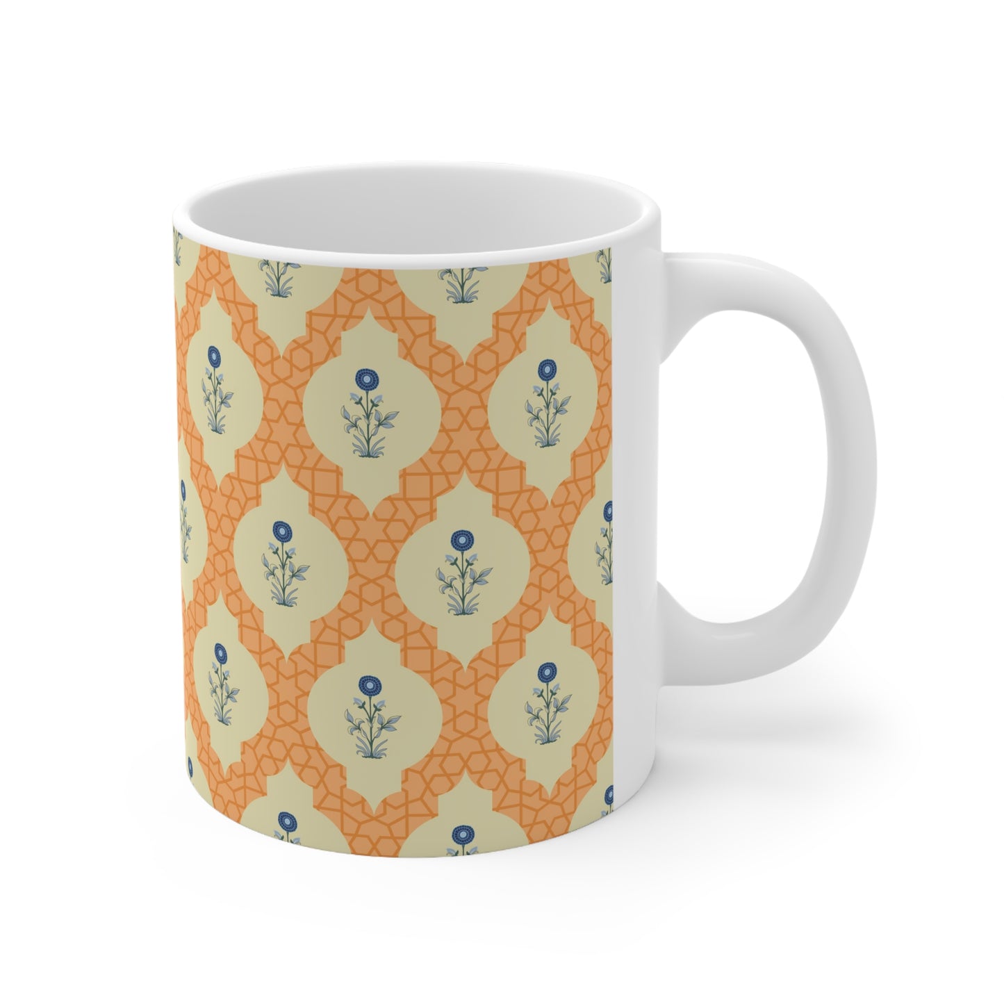 Retro Bloom Blaze: Orange Background Mug with Blue FlowerS