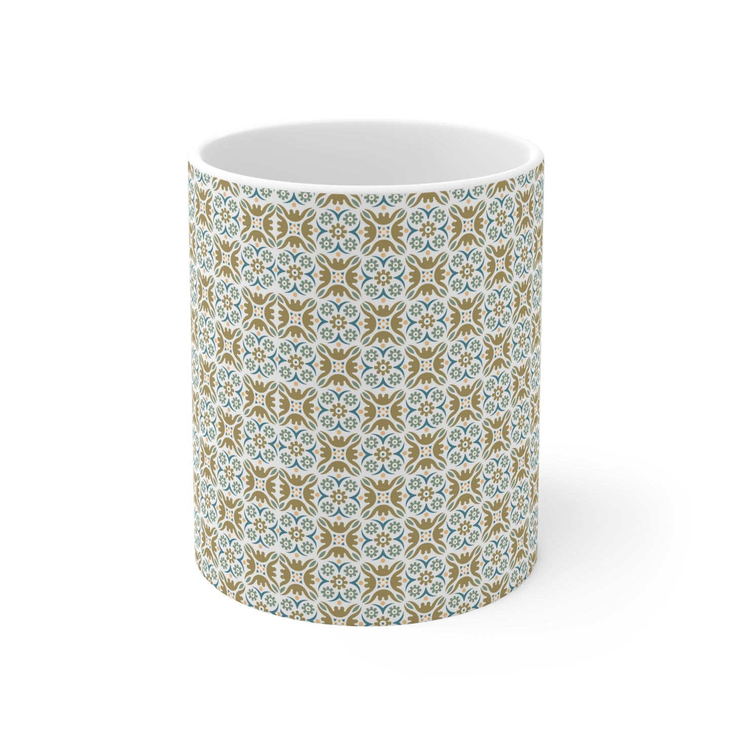 Tile Harmony Delight: White Ceramic Mug with Blue, Green, and Orange Pattern