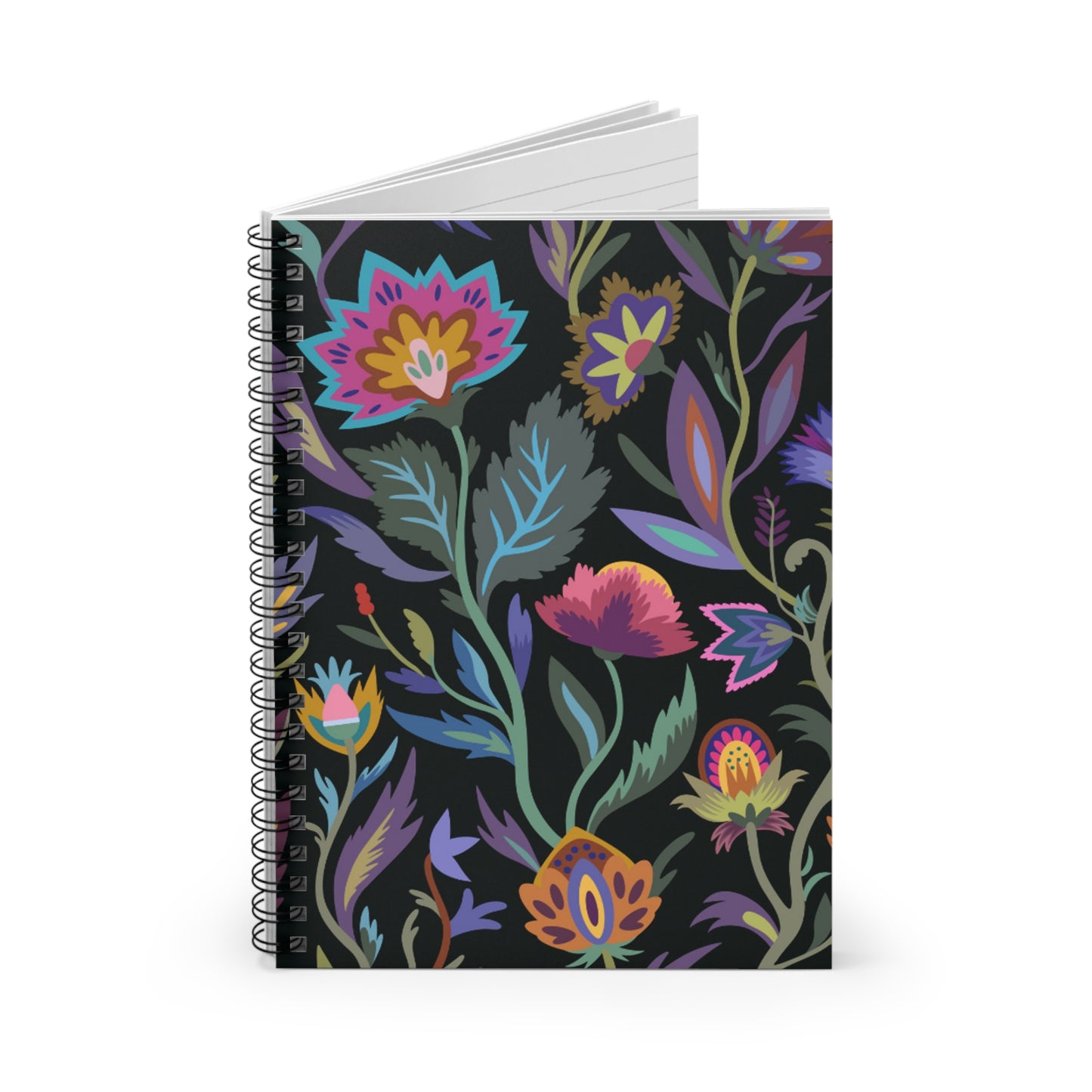 Bright Floral Black Spiral Notebook - Ruled Line