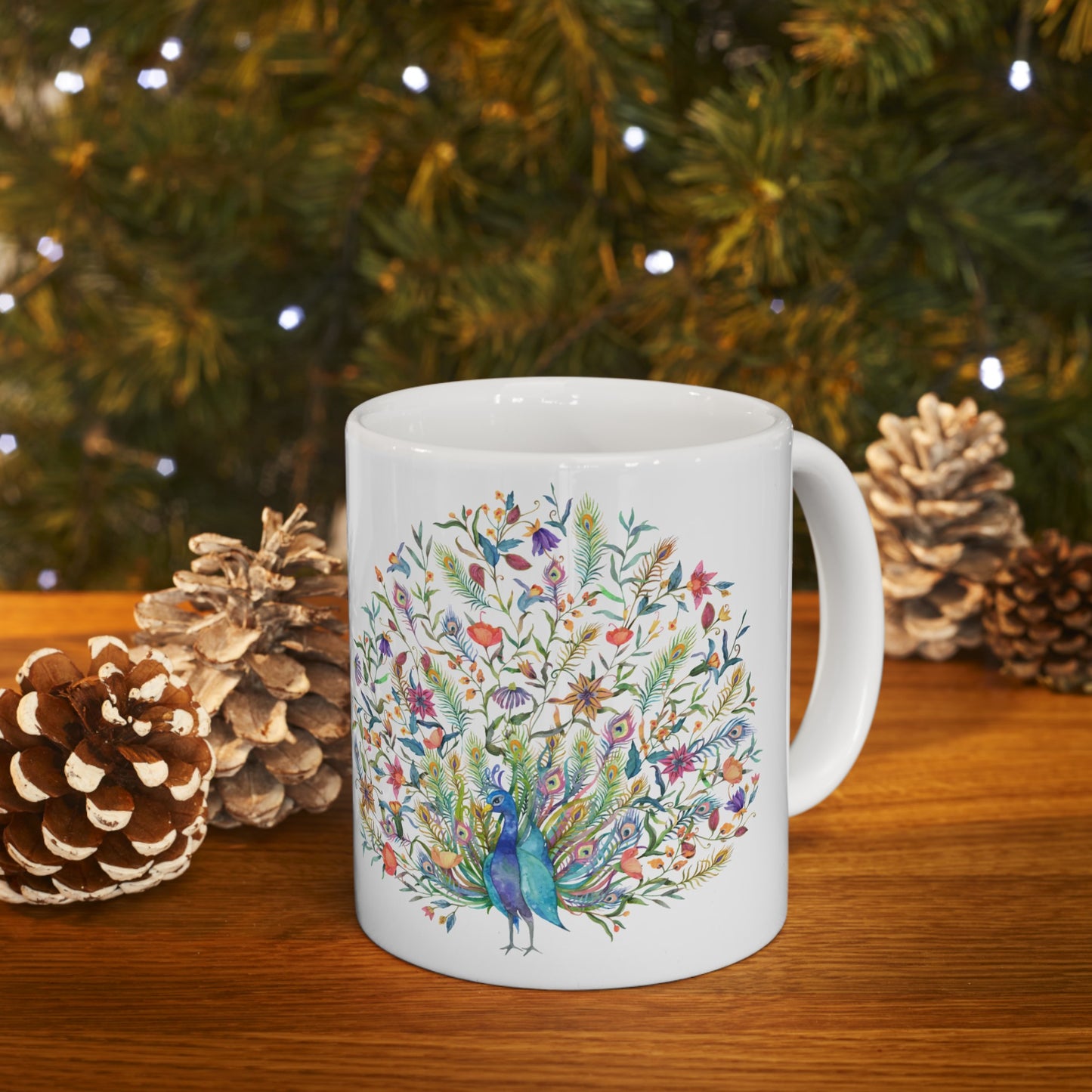 🦚 "Floral Peacock Dreams" Ceramic Mug 11 oz - Colorful Peacock Coffee Mug