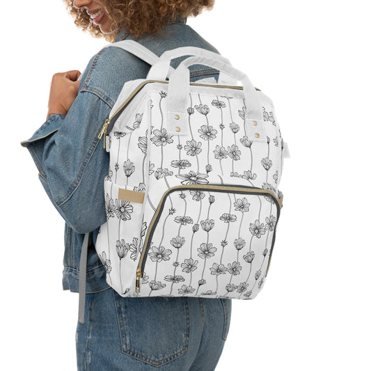 🔳 Black and White Blossoms Multifunctional Diaper Backpack