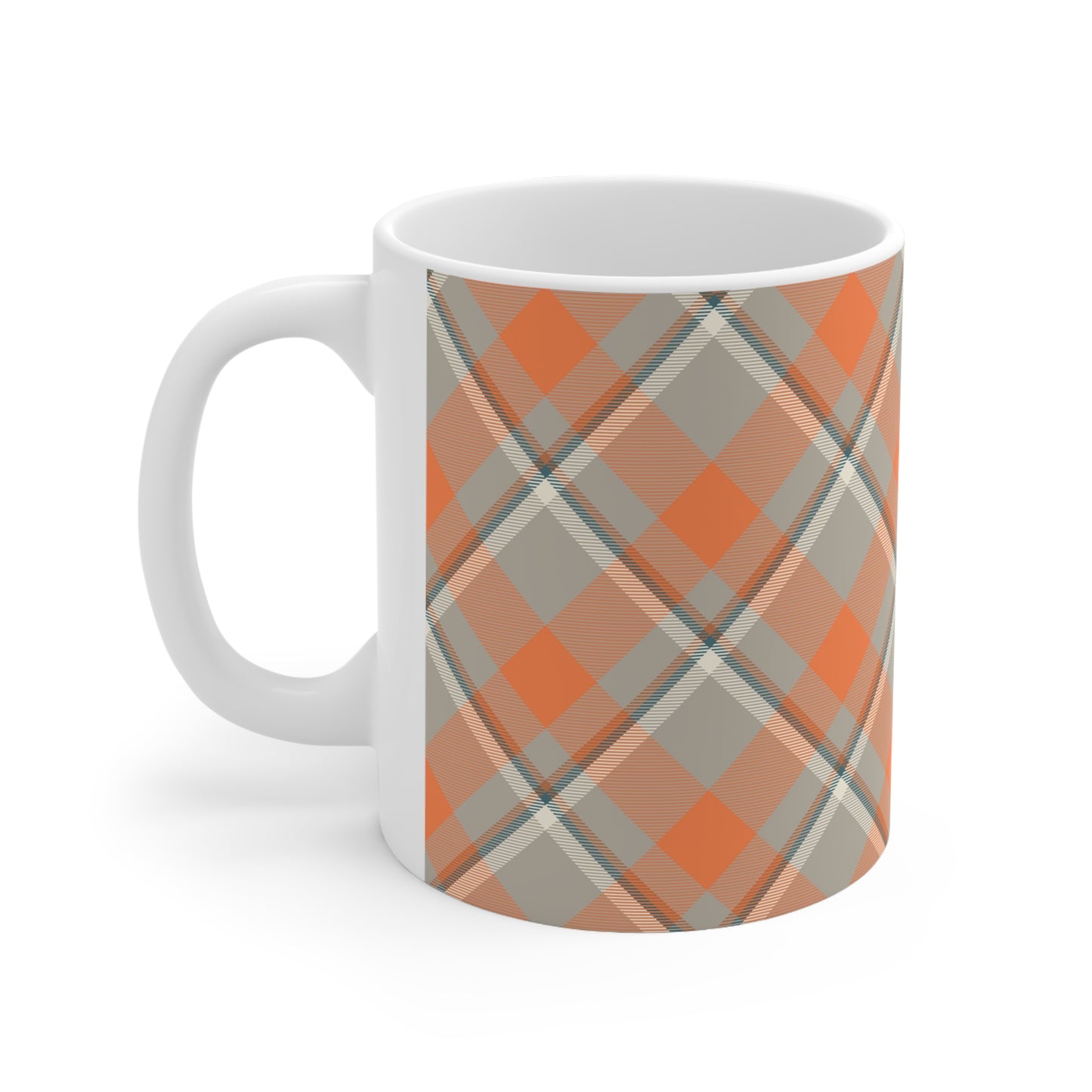 Cozy Plaid: Grey and Orange Ceramic Mug