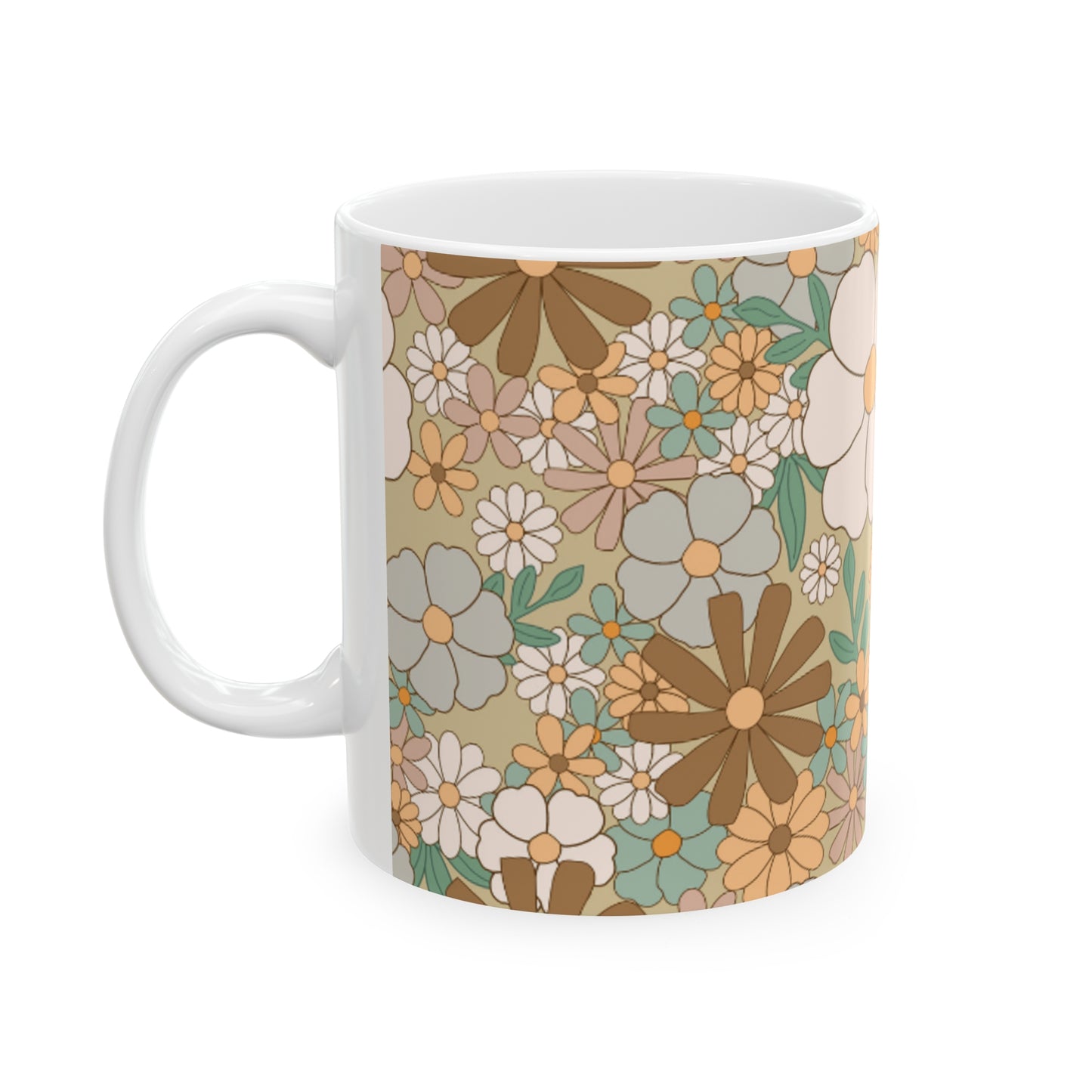 Retro Floral Ceramic Mug 11oz - Beige, Blue, Orange, White, Pink Flowers